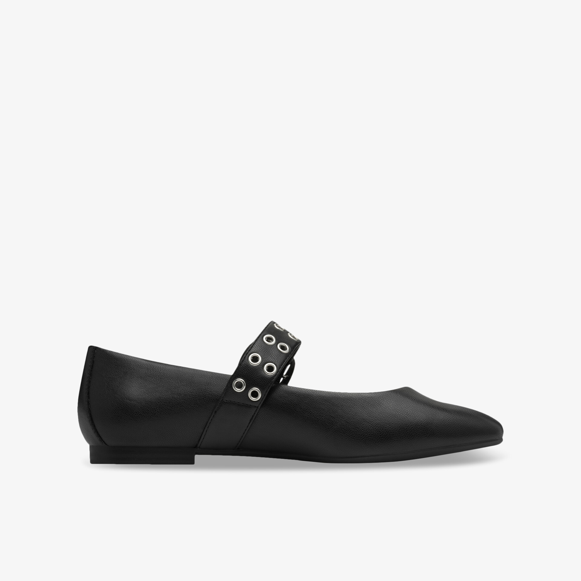 Schwarzer flacher Schuh mit dekorativem Riemen und Ösen, elegante und bequeme Seitenansicht
