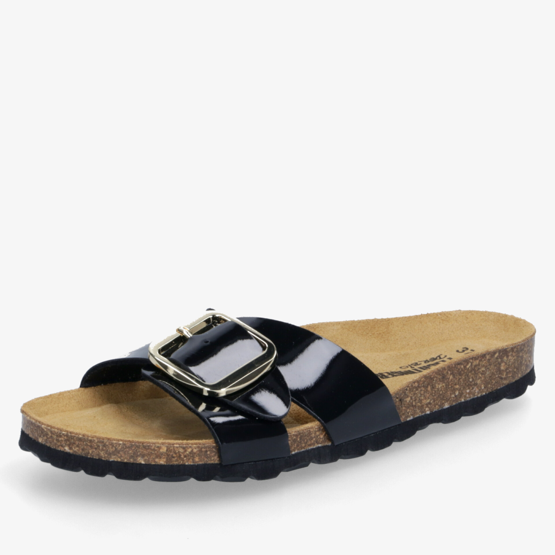 Schwarzer Slide mit komfortablem Fußbett, verstellbarer Metallschnalle und rutschfester Sohle für sicheren Halt