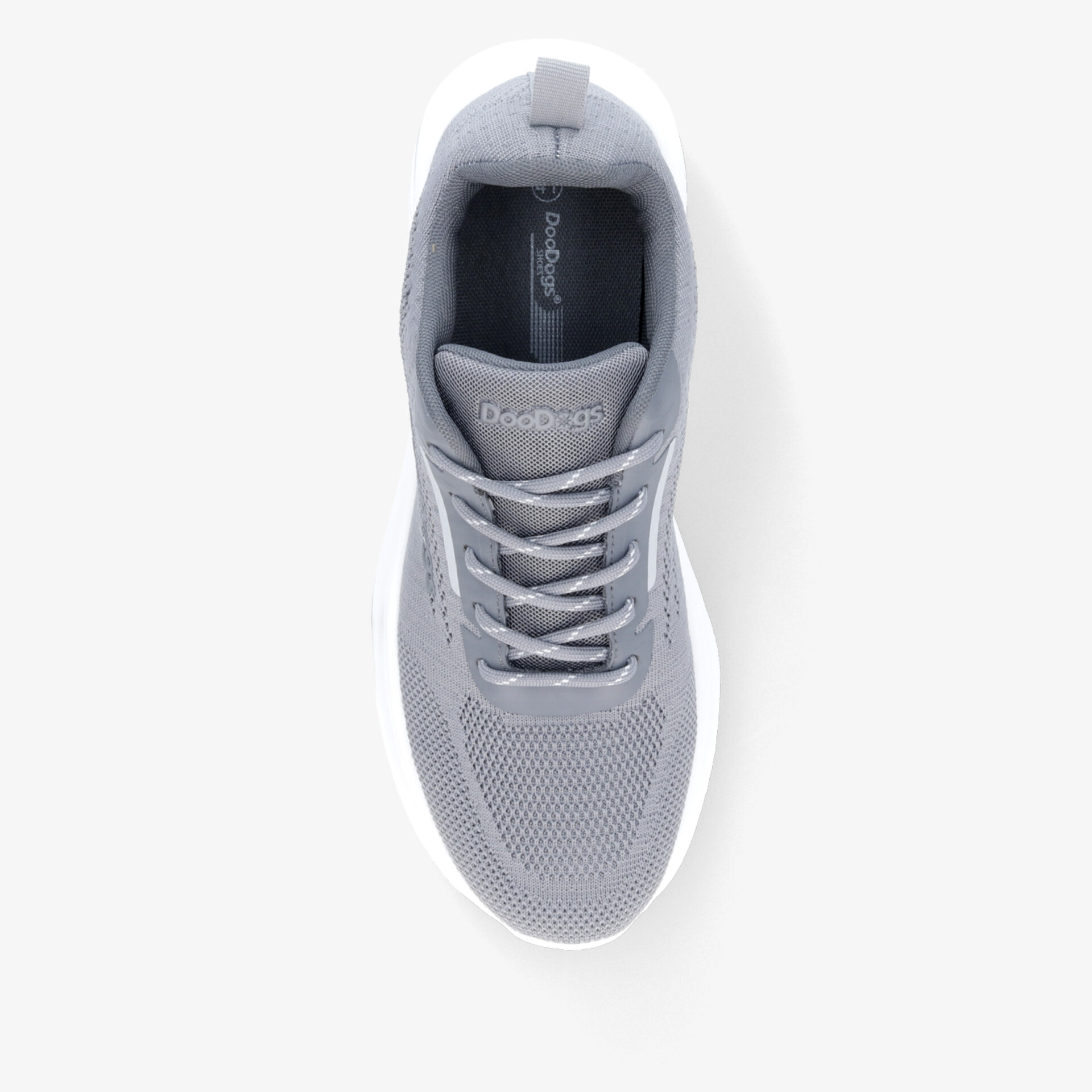 Leichter grauer Sportschuh aus atmungsaktivem Mesh mit gepolstertem Innenfutter und flexibler Sohle, Draufsicht