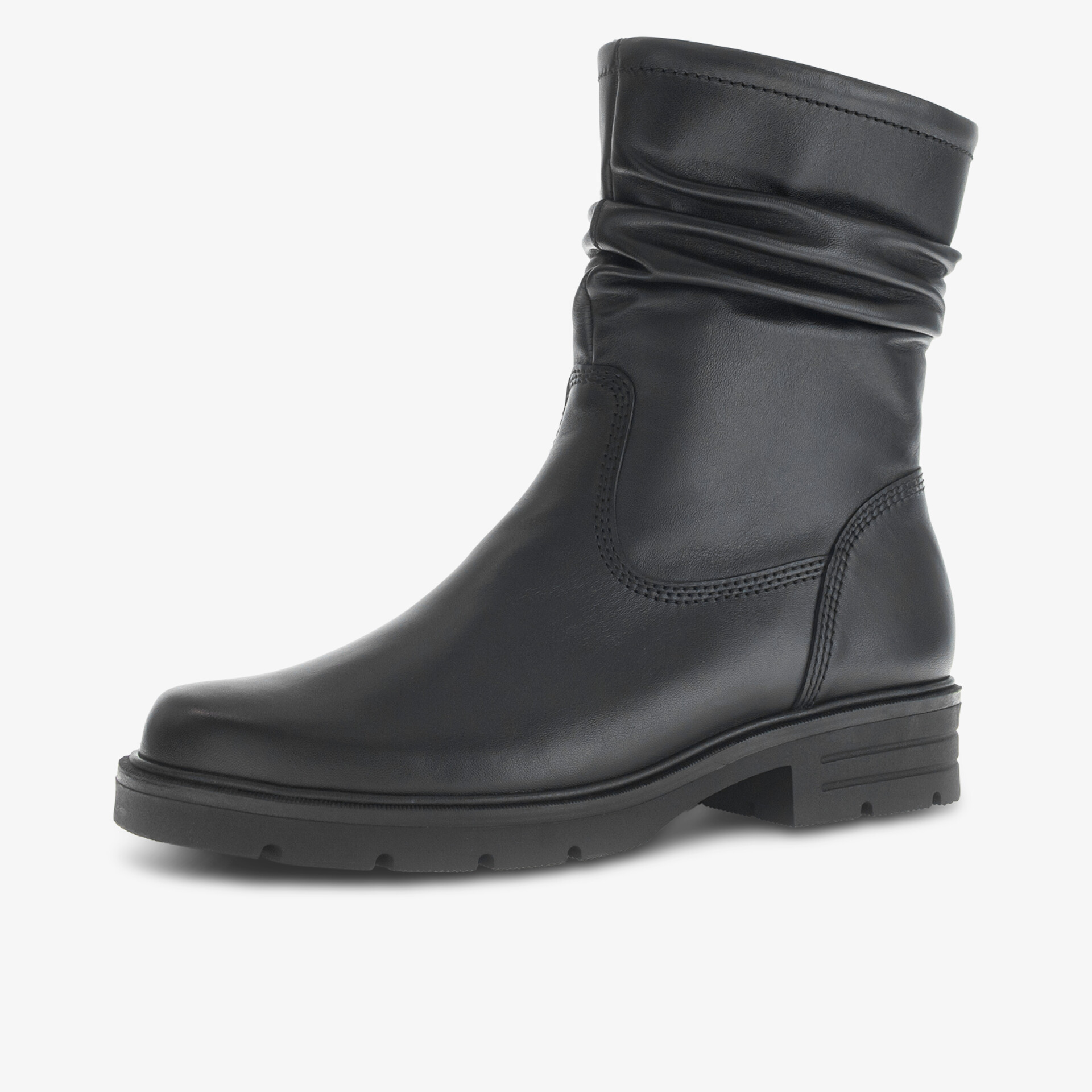 Schwarzer Lederstiefel mit mittelhohem Schaft und robuster, rutschfester Sohle, komfortabel und stilvoll