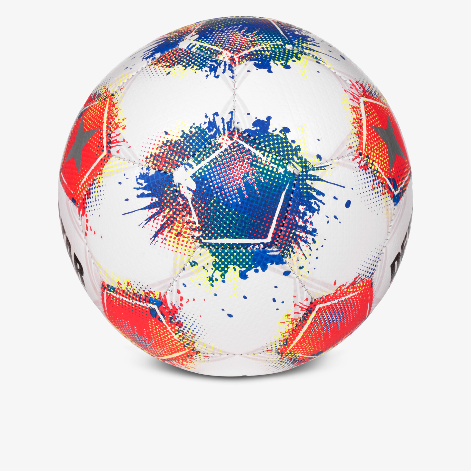 Weißer Fußball mit buntem Design, robust und wetterfest, ideal für sportliche Aktivitäten