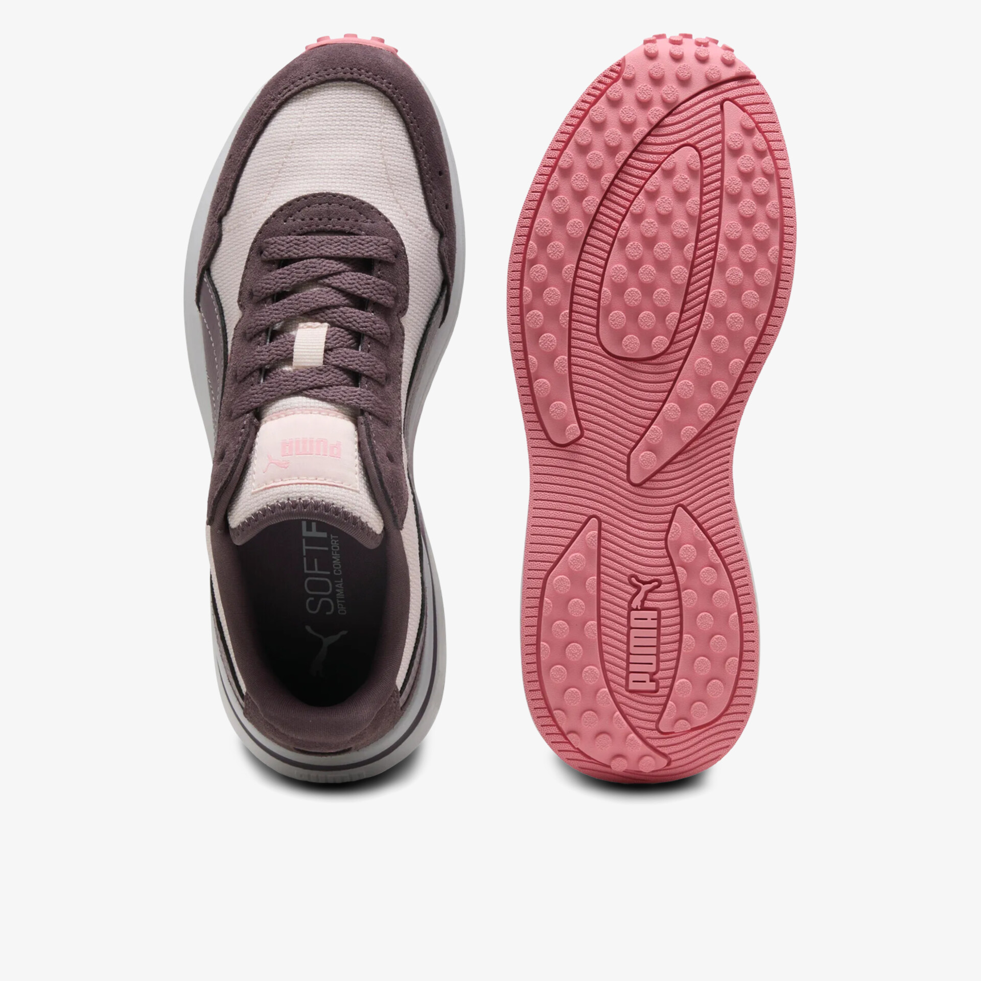Dunkelgrauer Schuh mit pinker rutschfester Sohle, bequemer Schnitt und sportlichem Design