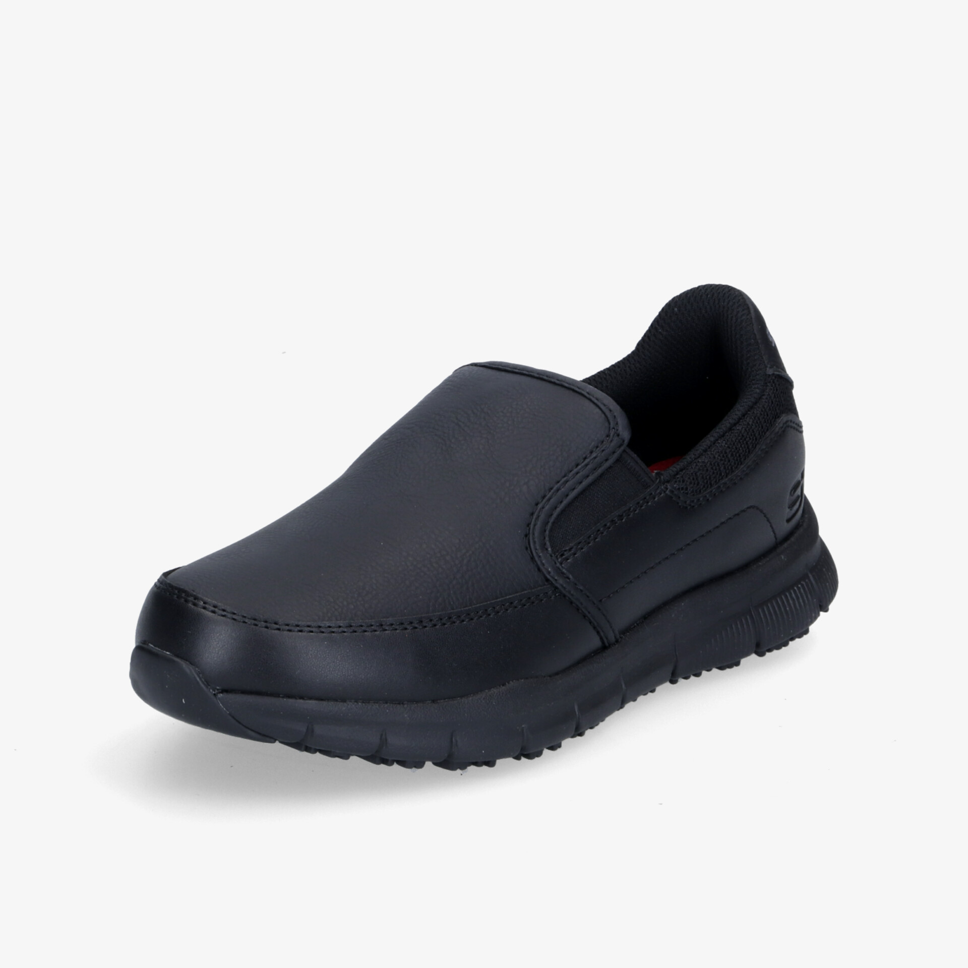 Schwarzer Slip-On-Schuh mit rutschfester Sohle und bequemem Tragekomfort für den Alltag.