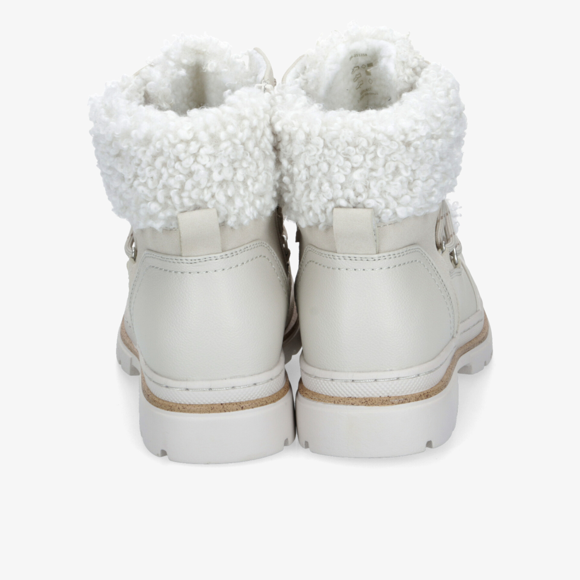 Warme weiße Winterstiefel mit flauschigem Innenfutter und robuster Sohle, Rückansicht