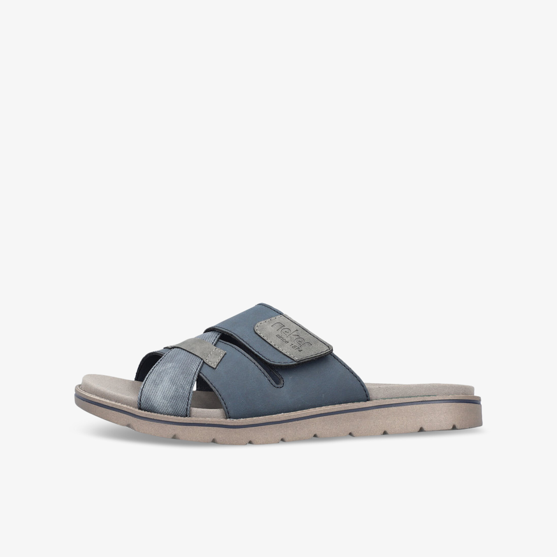 Komfortable und leichte blaue Sandalette mit verstellbarem Riemen und rutschfester Sohle, seitliche Ansicht