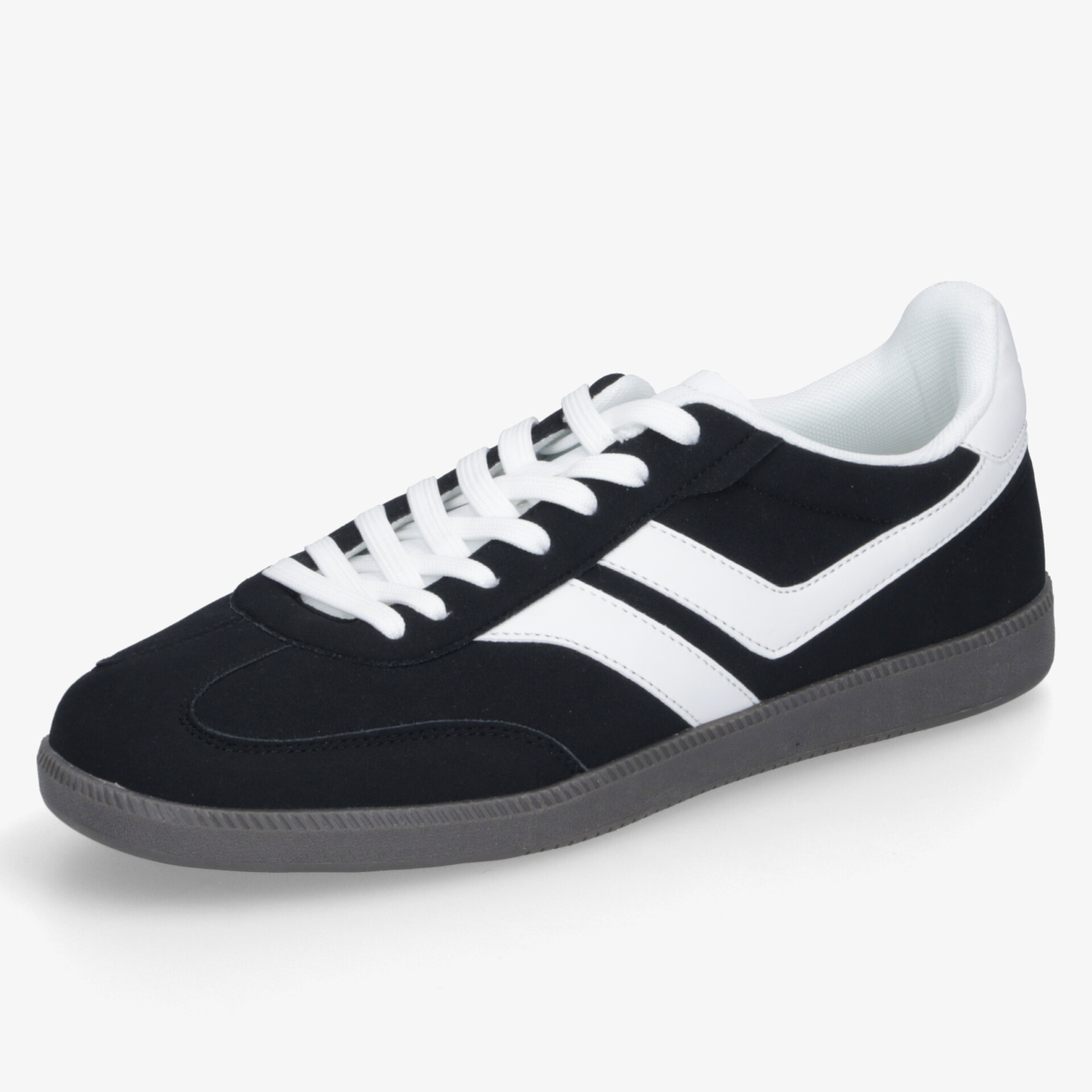 Leichter schwarzer Sneaker mit weißem Design und rutschfester grauer Sohle, bequem und strapazierfähig