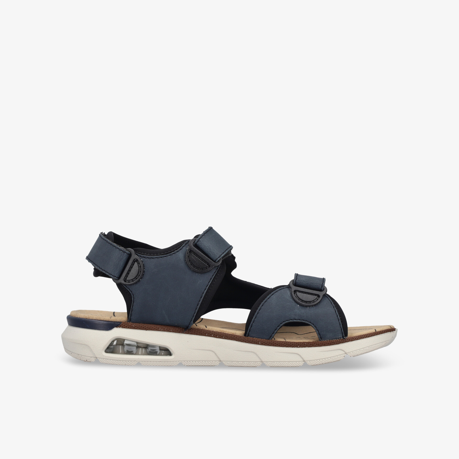 Sportliche schwarze und blaue Sandale mit verstellbaren Riemen und leichter, flexibler Sohle für optimalen Tragekomfort