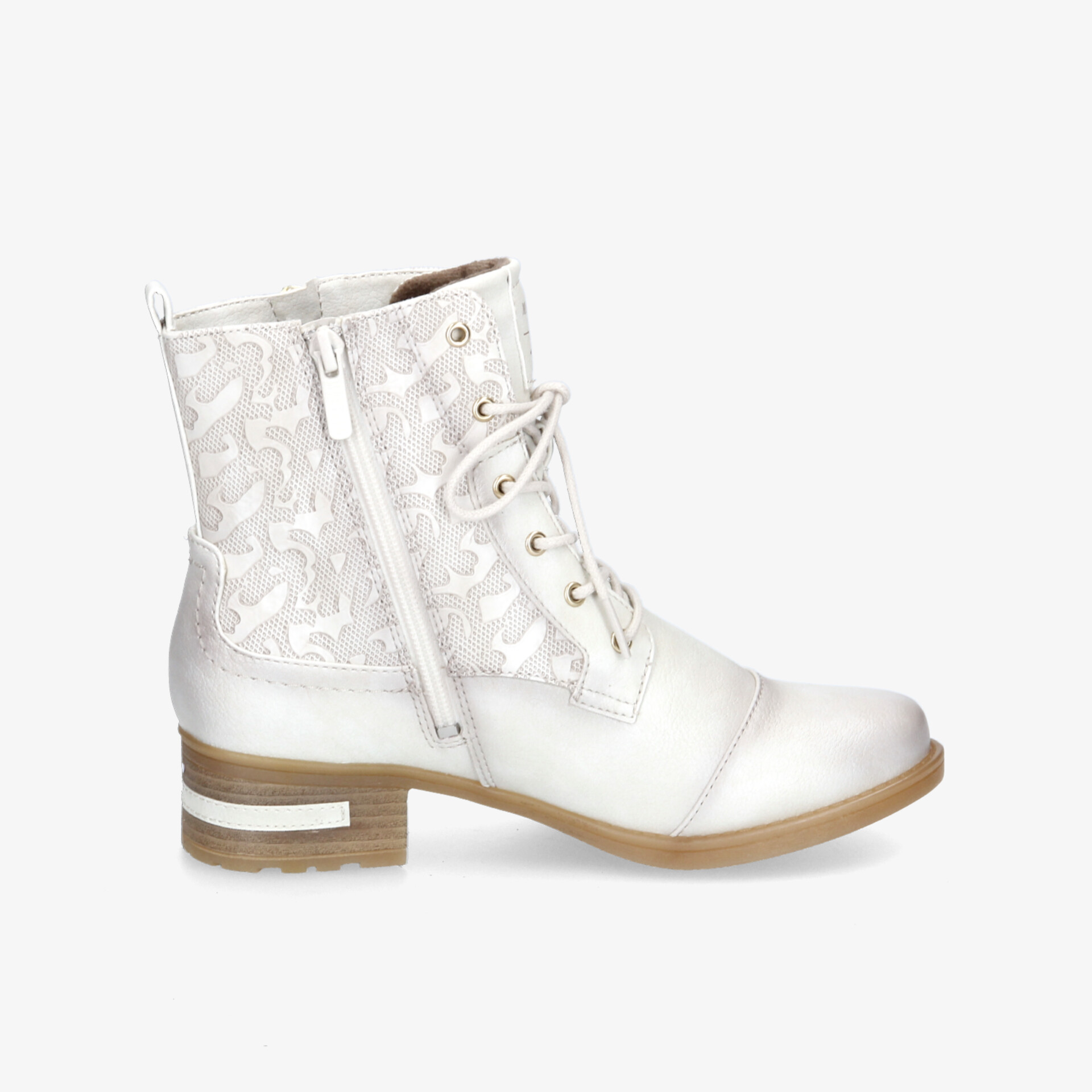 Elegante weiße Stiefelette mit Reißverschluss und Schnürung, ideal für modische Auftritte und Komfort.
