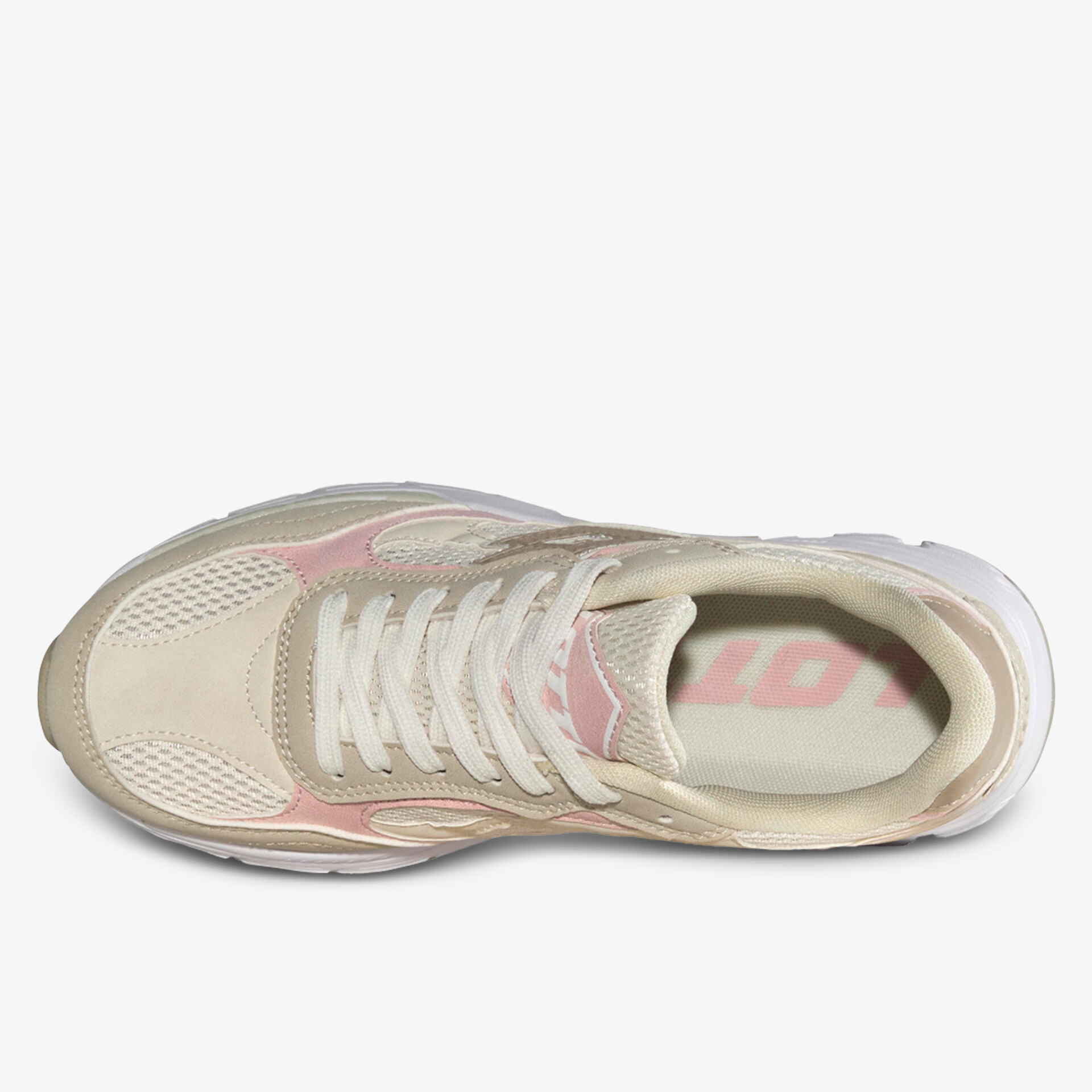 Stylischer Sneaker mit beiger Oberseite und rosafarbenen Akzenten, ideal für Freizeitaktivitäten.