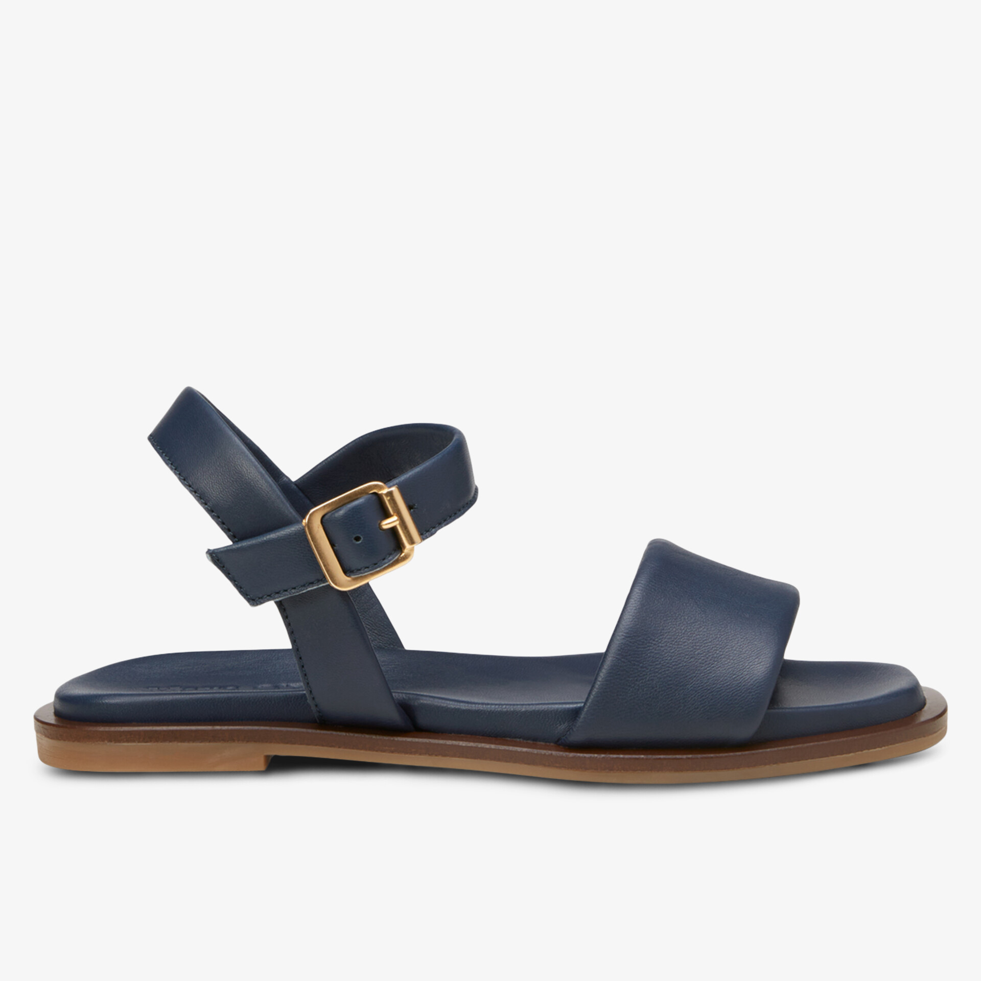 Elegante dunkelblaue Ledersandale mit flacher Sohle und verstellbarem Riemen samt goldener Schnalle