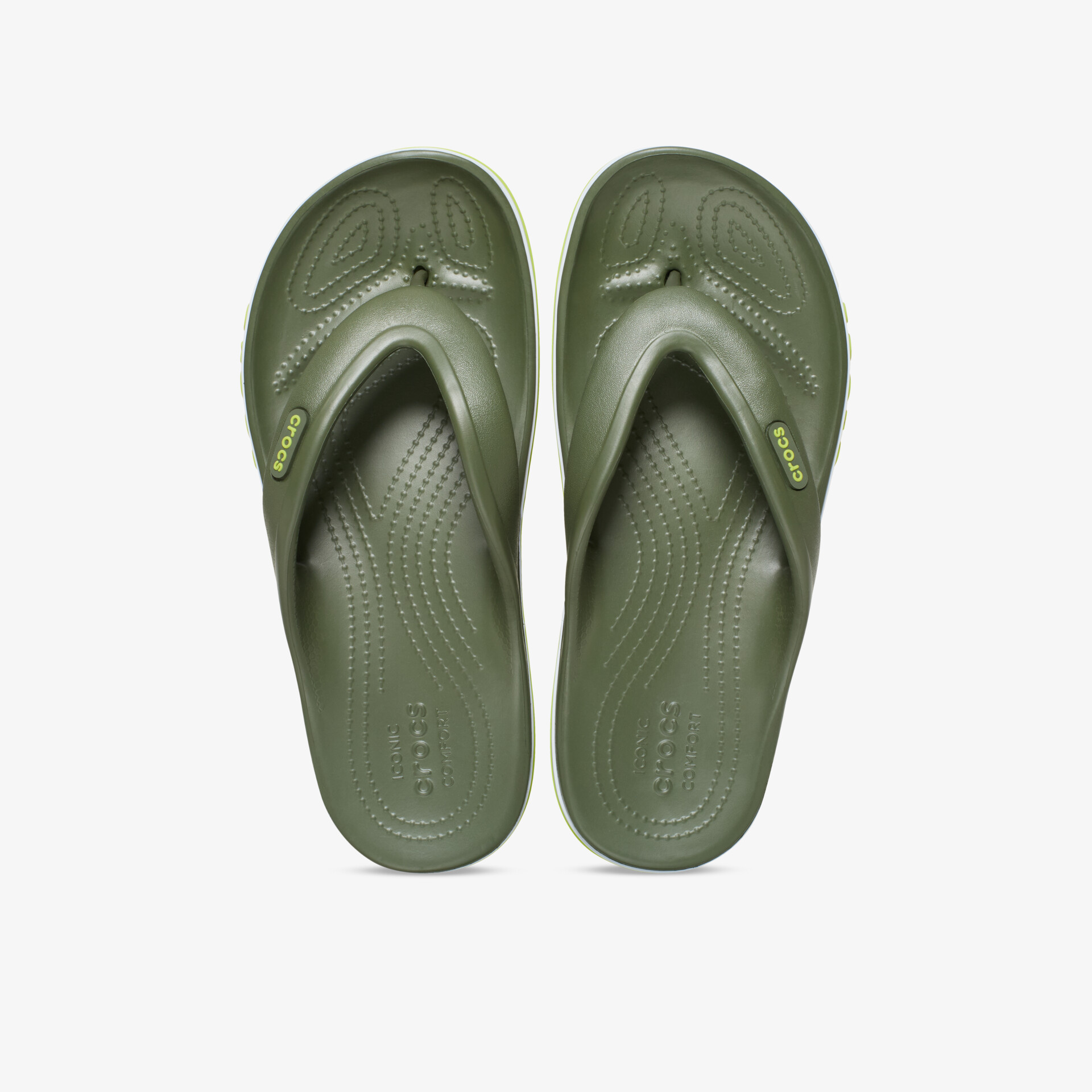 Grünes Paar Badelatschen in Draufsicht, bequem, leicht und rutschfest mit klassischem, schlichtem Design