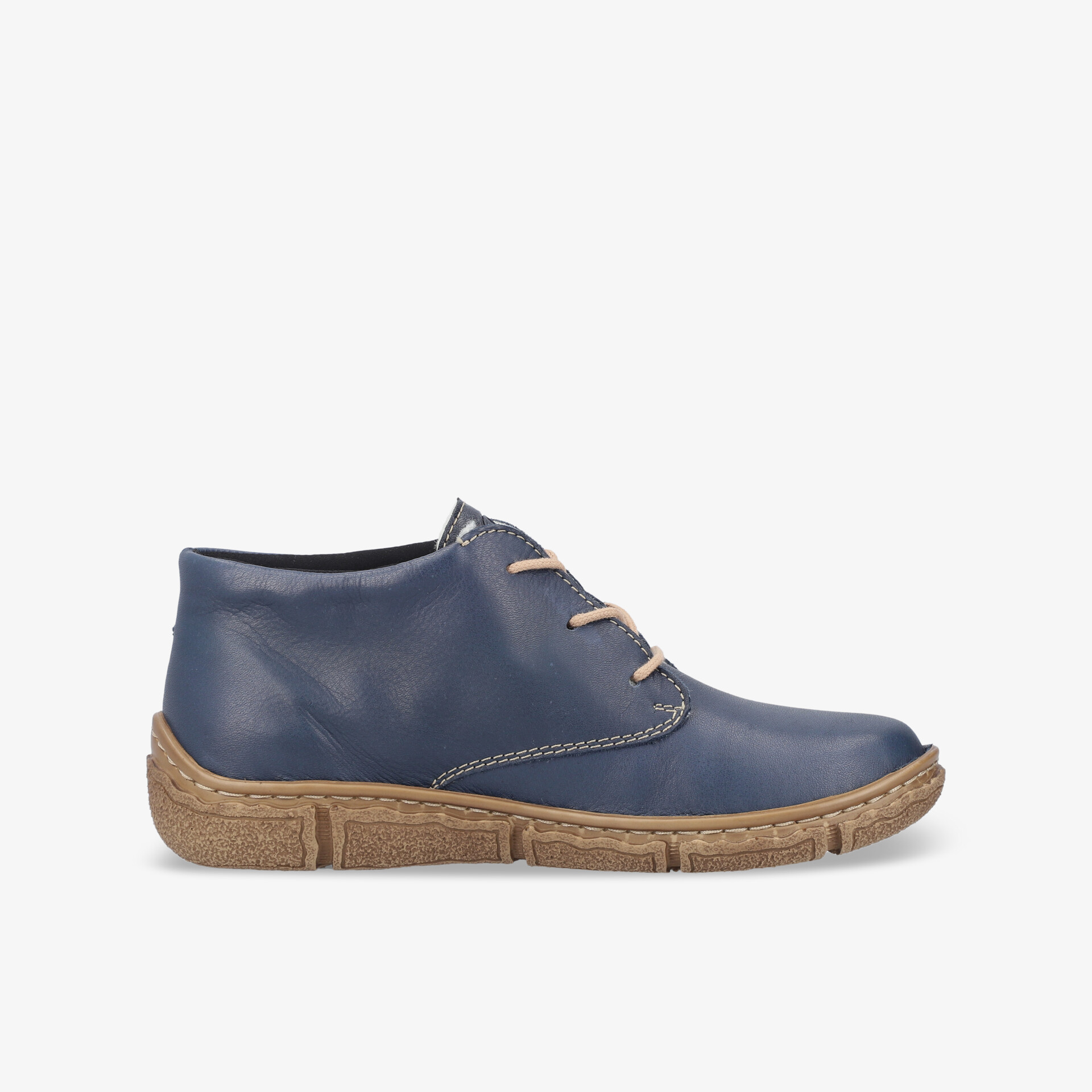 seitlich sichtbarer blauer Schuh mit brauner Profilsohle, bequeme Passform und sportivem Design