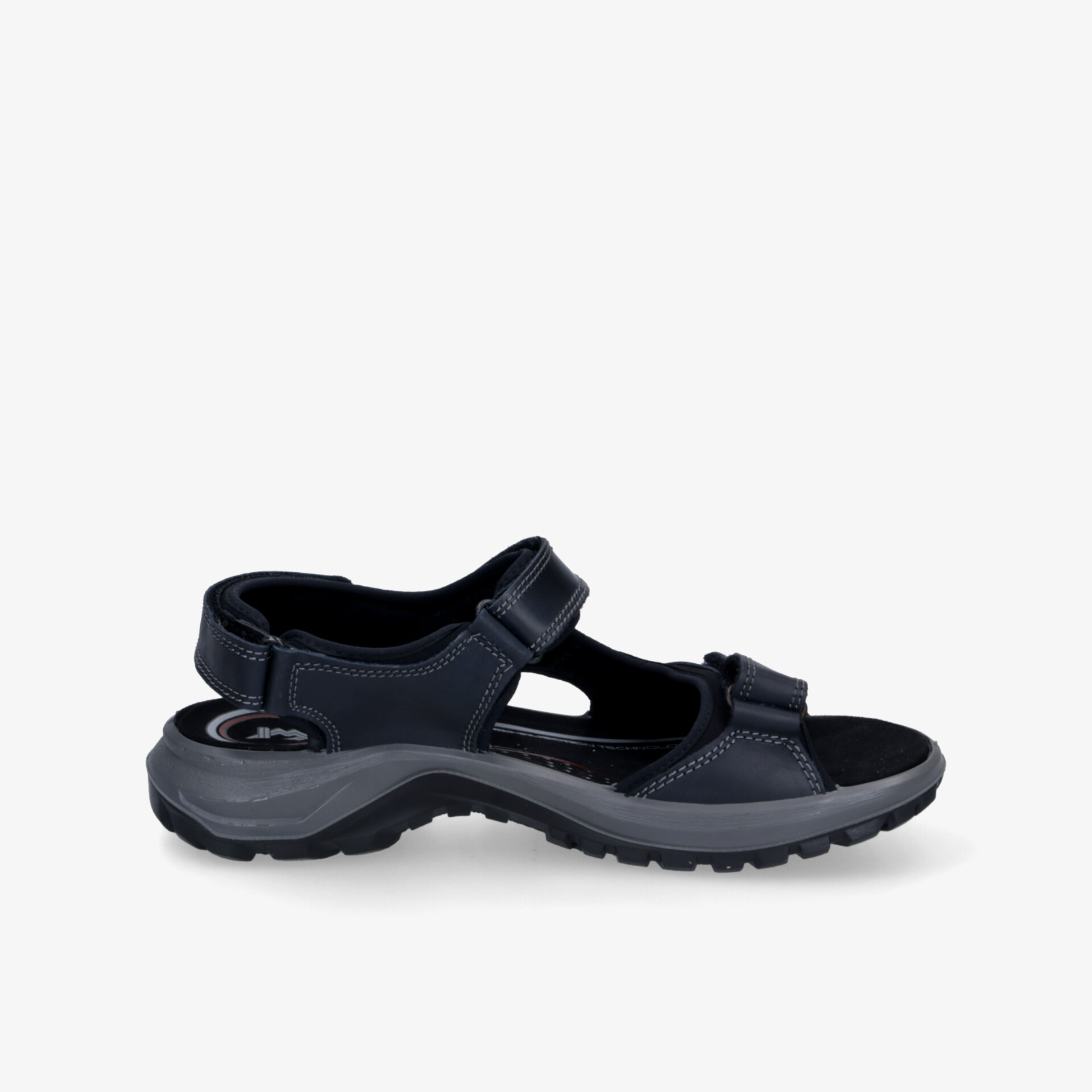 Seitliche Ansicht einer schwarzen Outdoor-Sandale mit verstellbaren Riemen und rutschfester Sohle