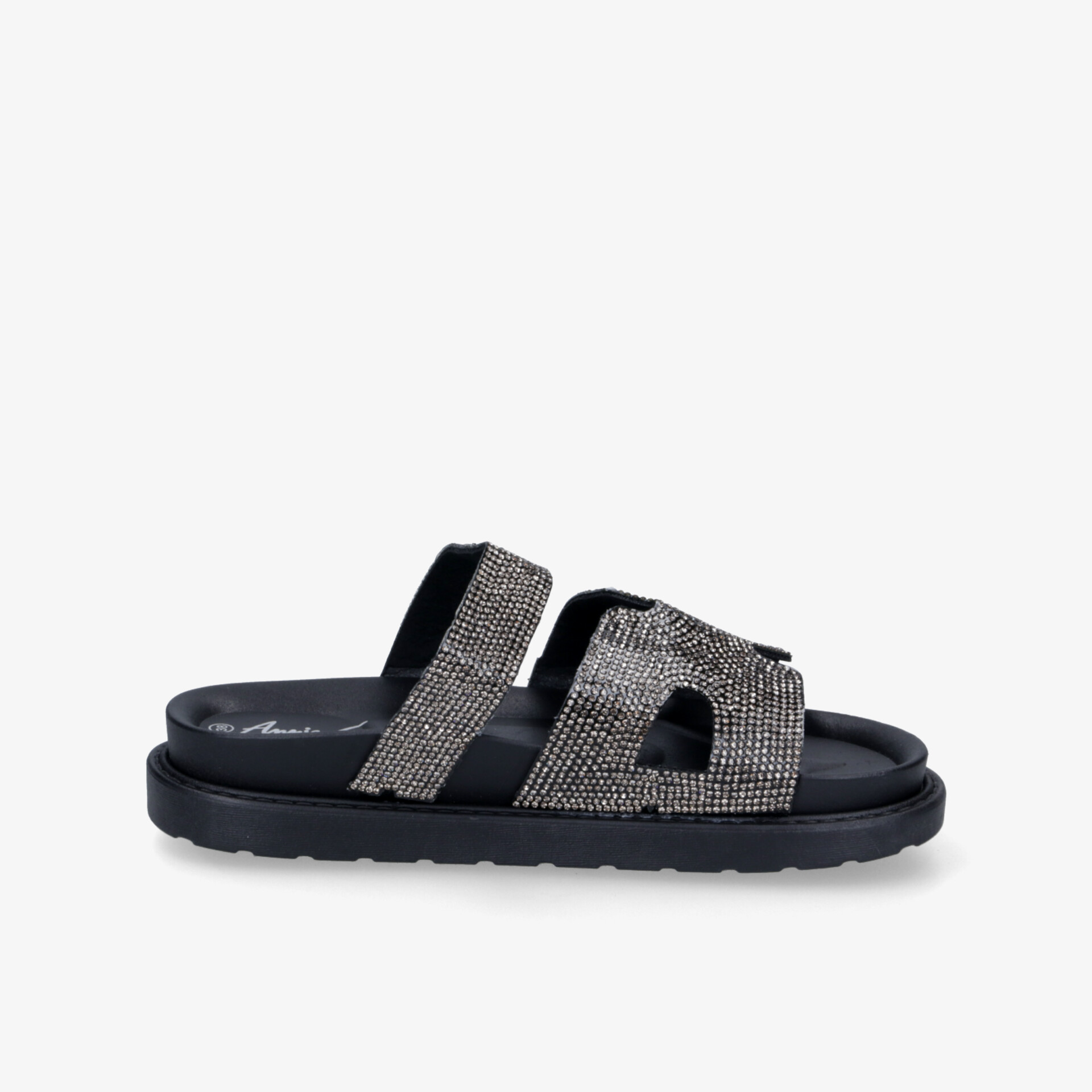 Bequemer schwarzer Slide mit weicher Sohle und glitzerndem breitem Riemen für modischen Freizeitkomfort