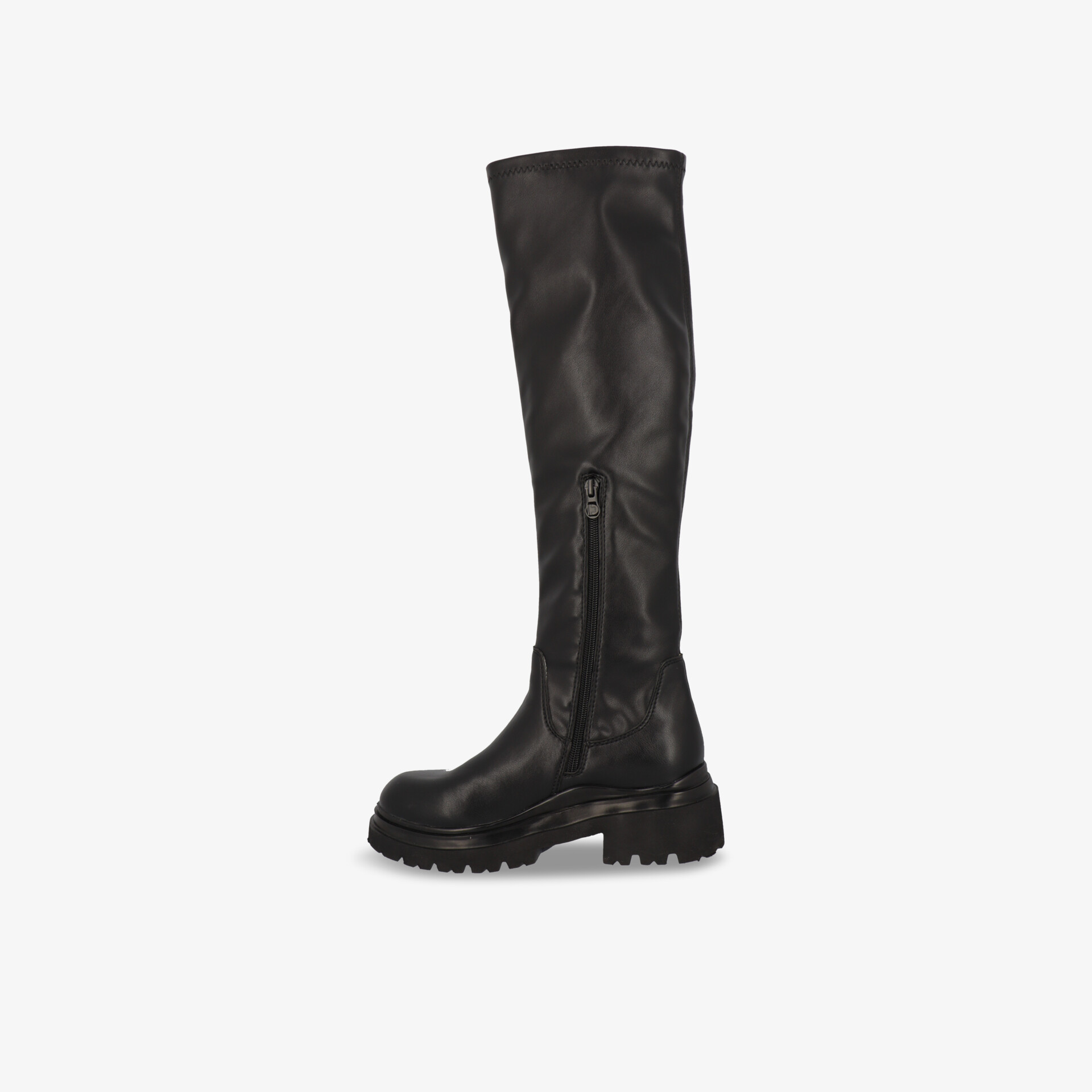 Kniehohe, schwarze Stiefel mit robuster Sohle und praktischem Reißverschluss.