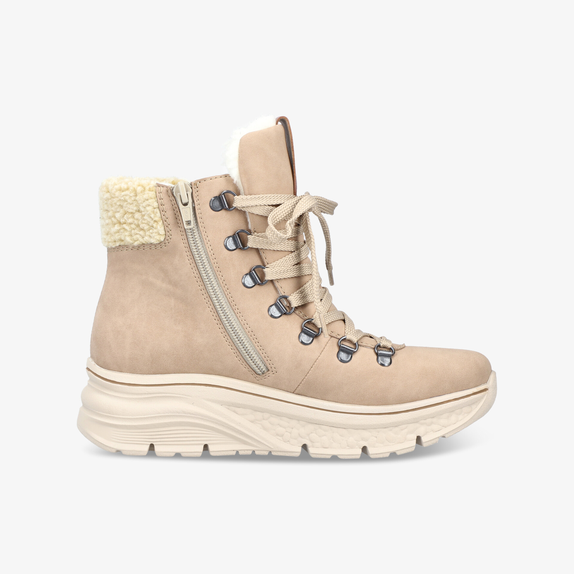 Beiger Winterstiefel mit warmem Innenfutter, praktischer Schnürung, seitlichem Reißverschluss und profilierter Laufsohle