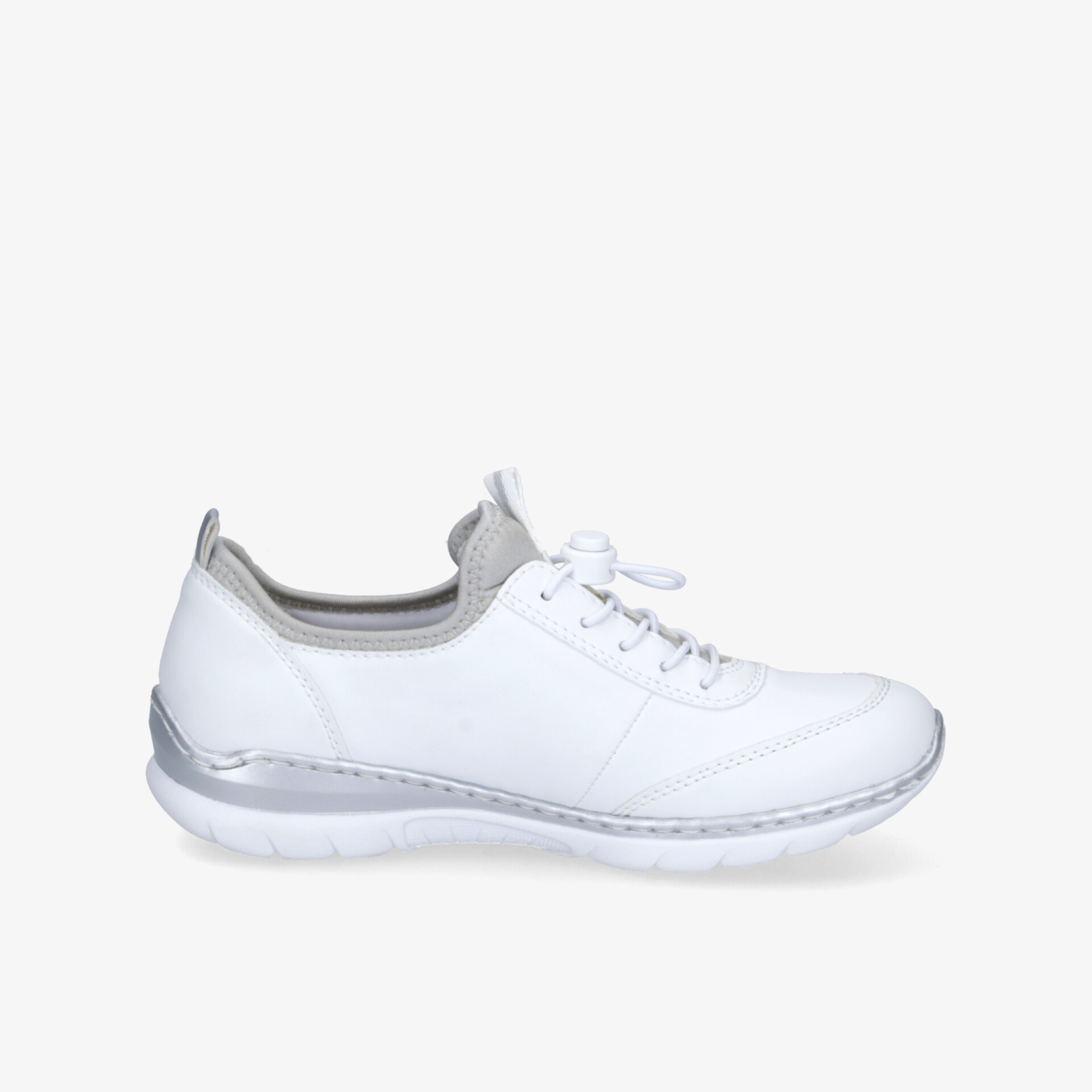 Moderner weißer Schuh seitlich mit sportlichem, leichtem und bequemem Design, flexible Sohle sichtbar