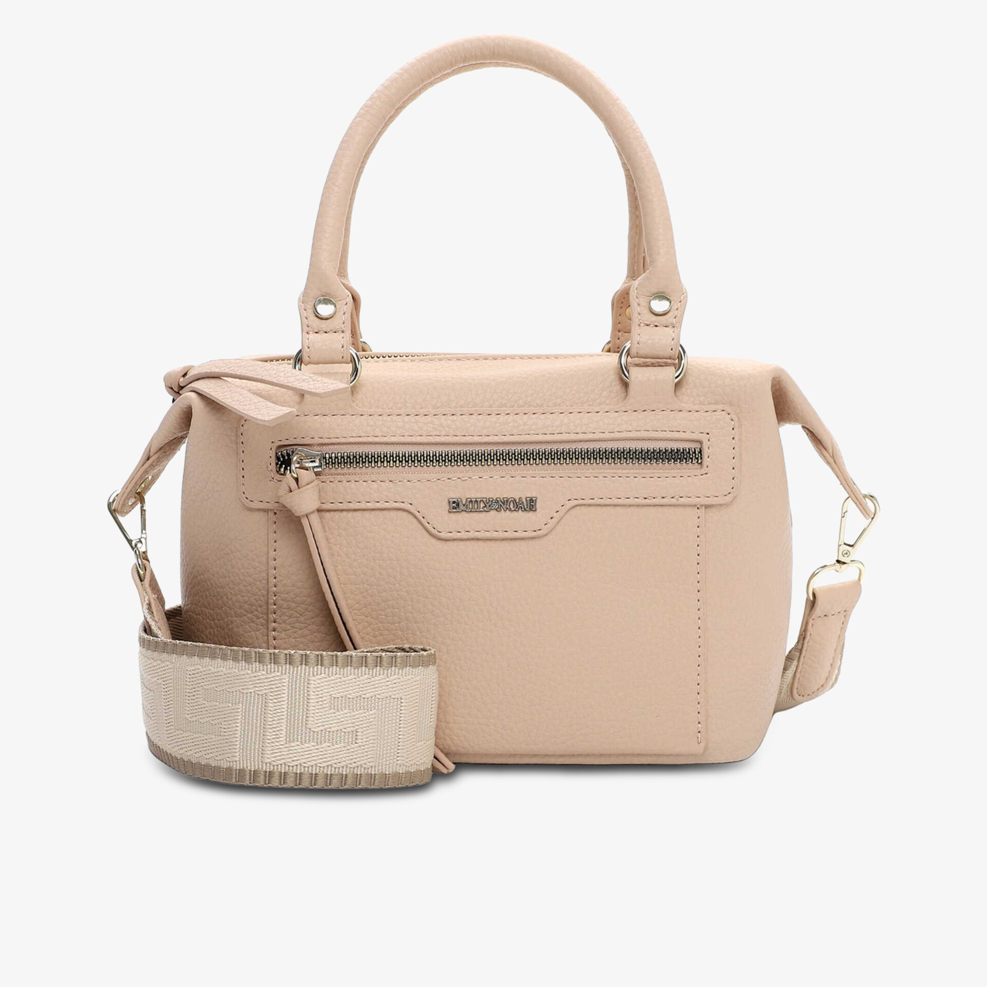 Beige Lederhandtasche mit zwei Griffen und abnehmbarem Schultergurt, kompakt und stilvoll