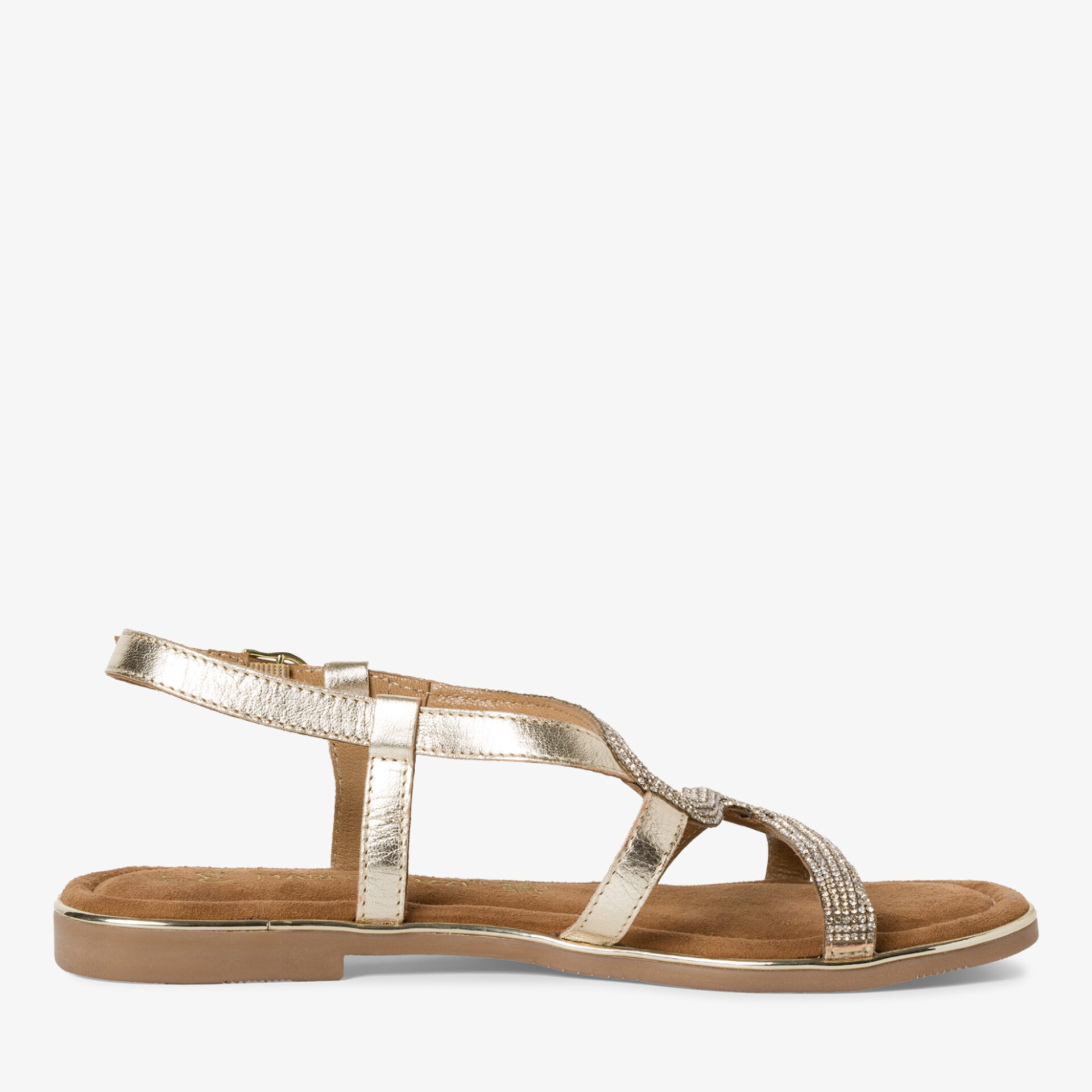 Seitliche Ansicht einer leichten metallisch glänzenden Sandale mit verstellbarem Riemen und flacher Sohle