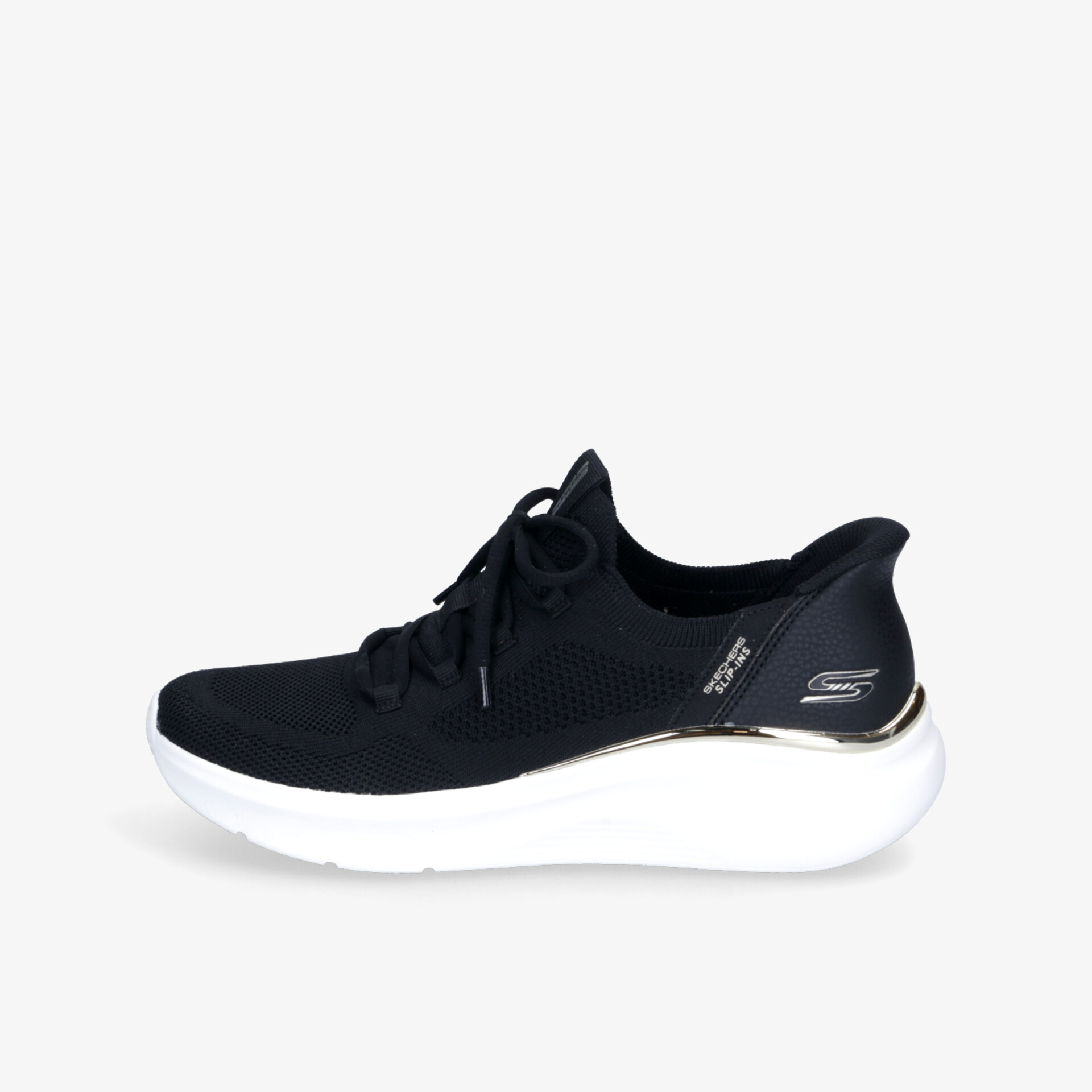 Leichter schwarzer Laufschuh mit atmungsaktivem Material und stoßdämpfender, flexibler weißer Sohle in Seitenansicht