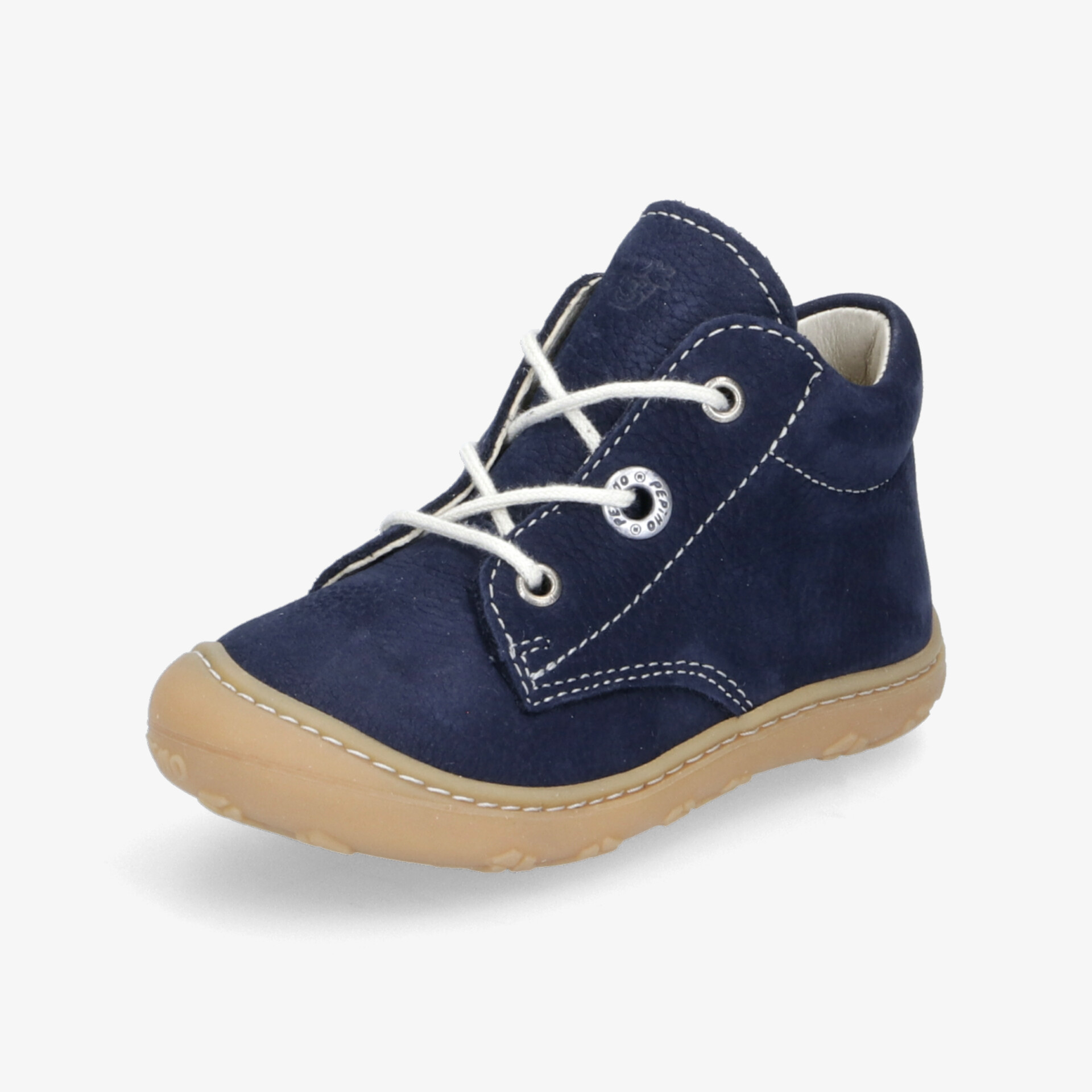 Eleganter dunkelblauer Schnürschuh mit beiger Sohle, ideal für komfortables und stilvolles Laufen.