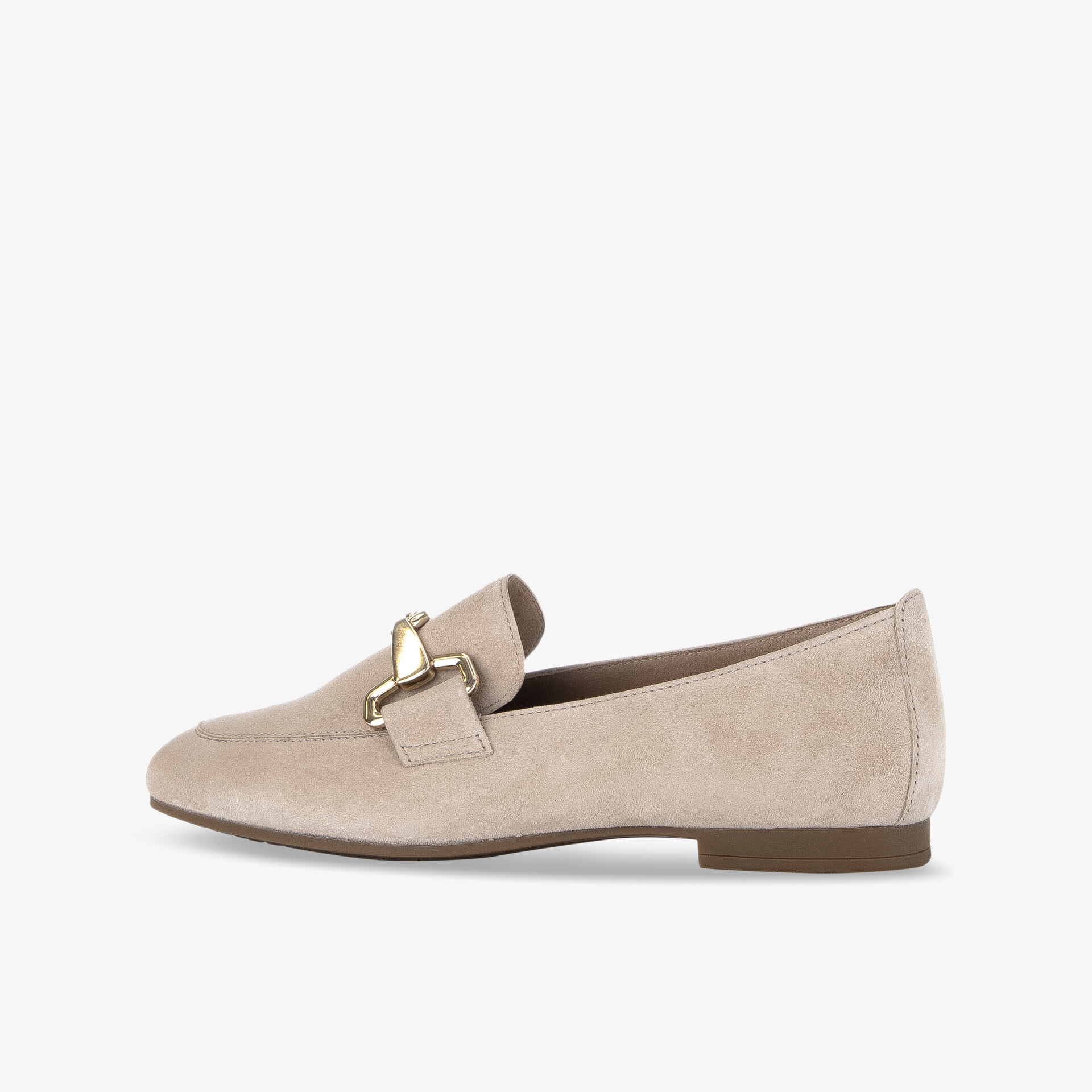 Eleganter beiger Loafer mit goldener Schnalle und flachem Absatz. Komfortabel und stilvoll für jeden Anlass.