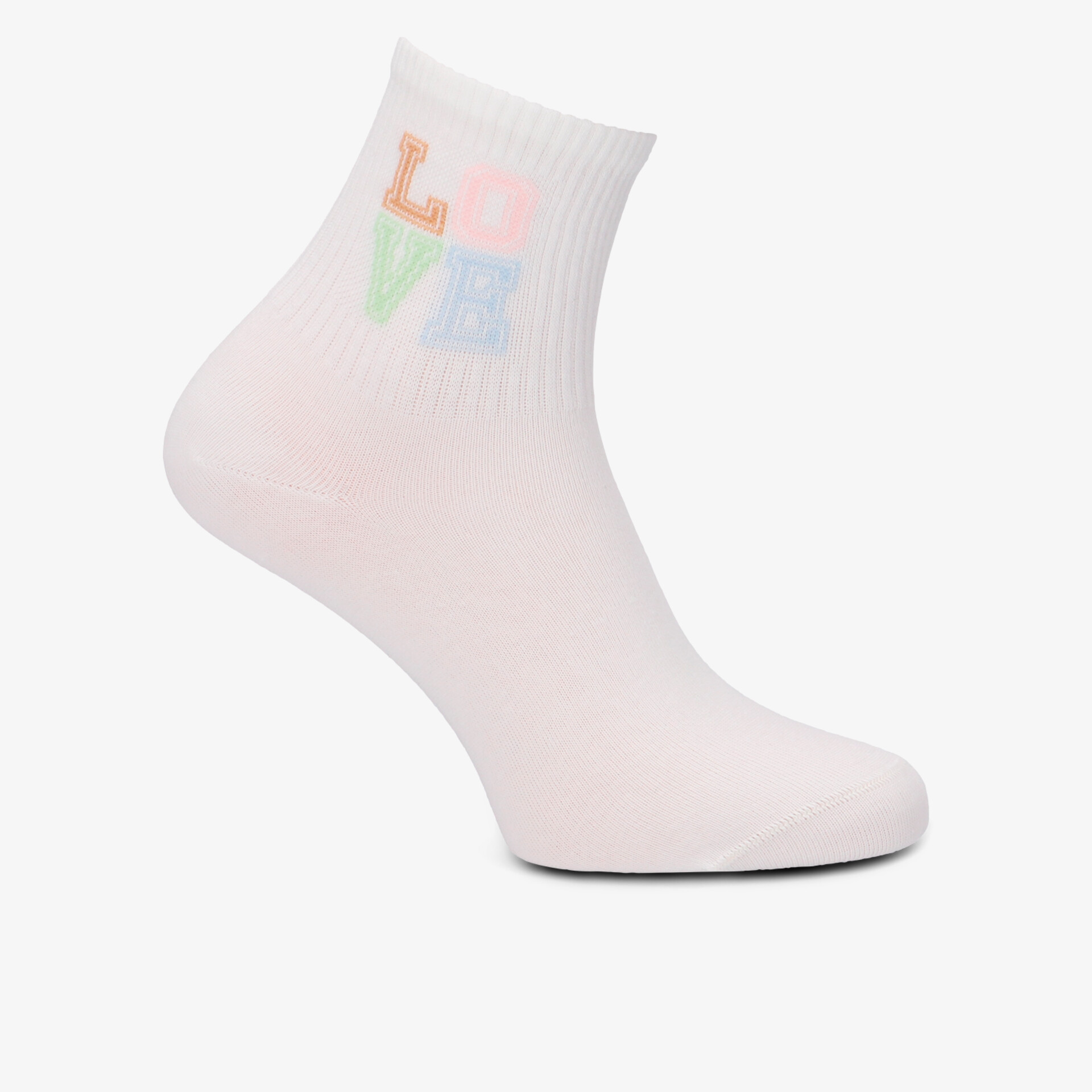 Bequeme Strümpfe mit buntem Love-Design in weichen Pastelltönen.