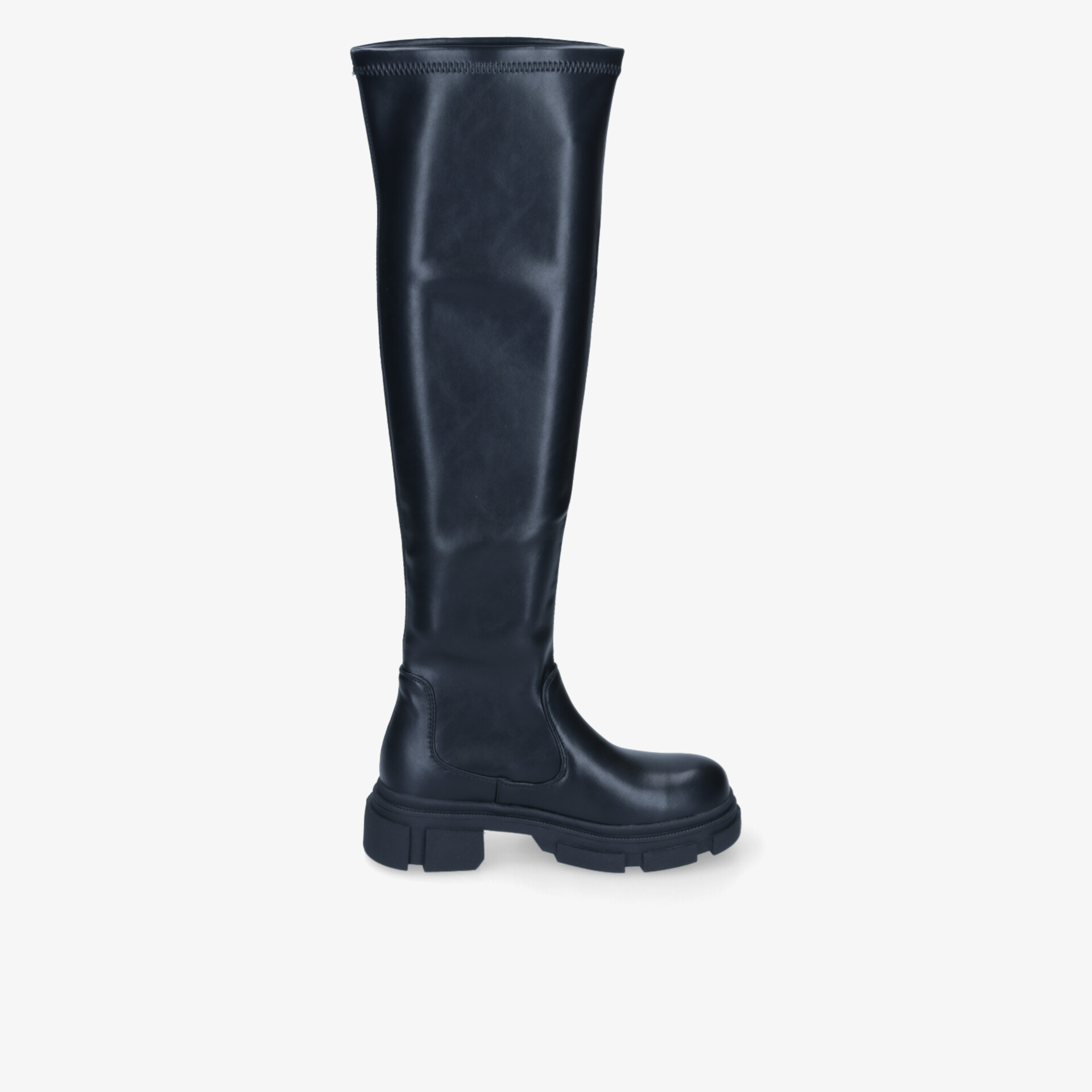 Schwarzer Stiefel mit hohem Schaft und robuster Sohle bietet komfort und modischen Stil