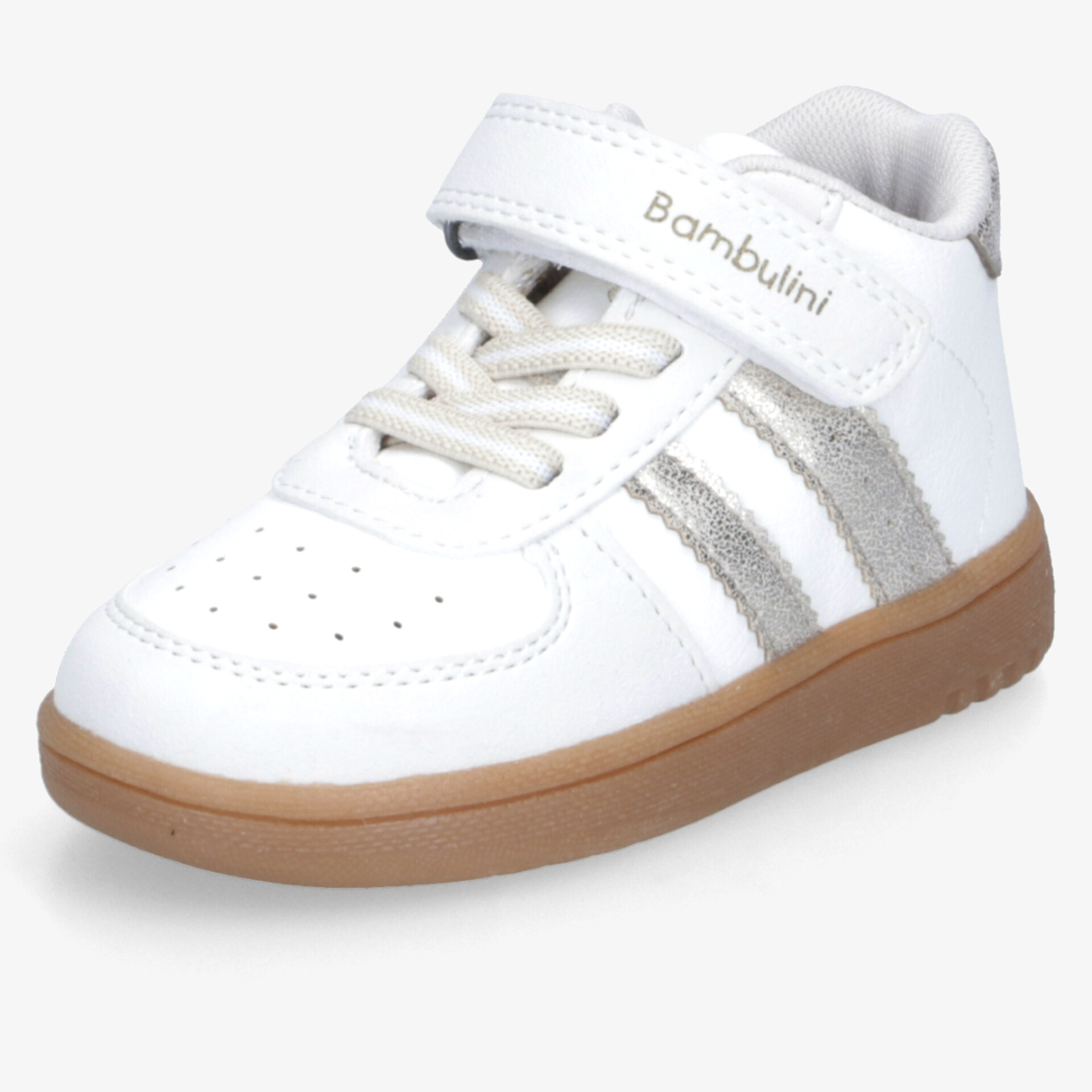 Weißer Kinderschuh mit silbernen Streifen, flexible rutschfeste Gummisohle und praktischem Klettverschluss für besseren Halt