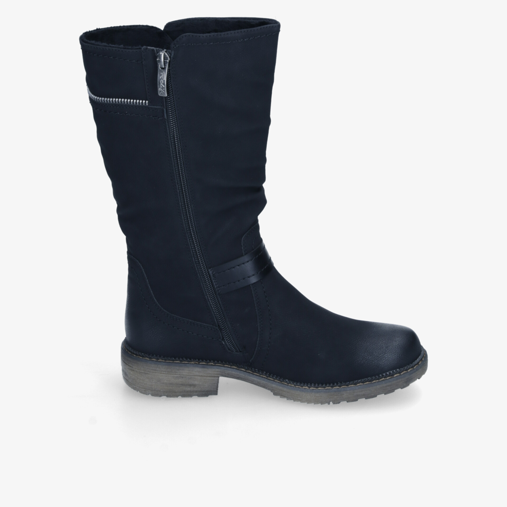 Schwarzer Stiefel mit robustem Profil, seitliche Ansicht, praktische Reißverschluss und angenehmer Komfort