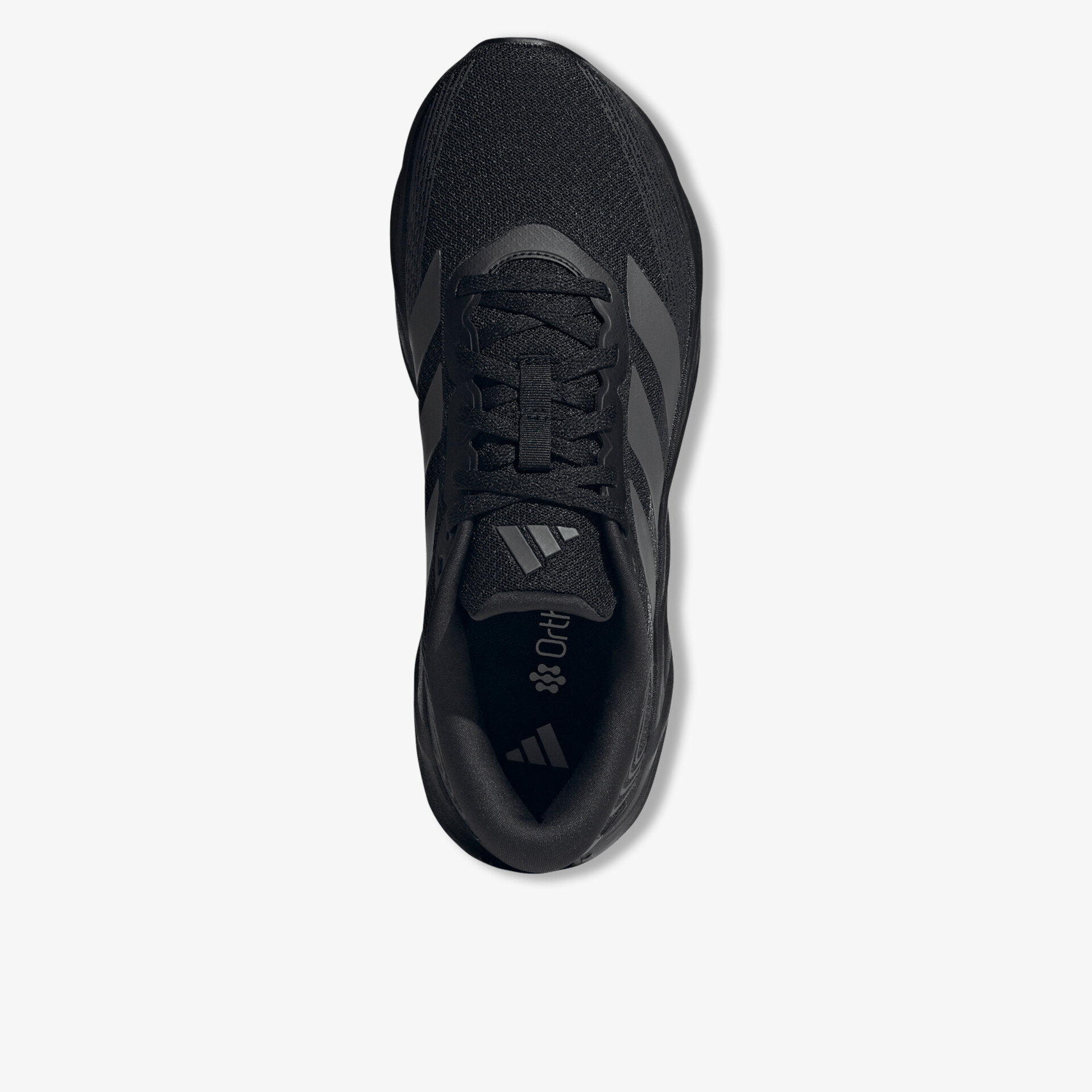 Leichter schwarzer Sportschuh mit atmungsaktivem Material und bequemen Schnürsenkeln in Draufsicht