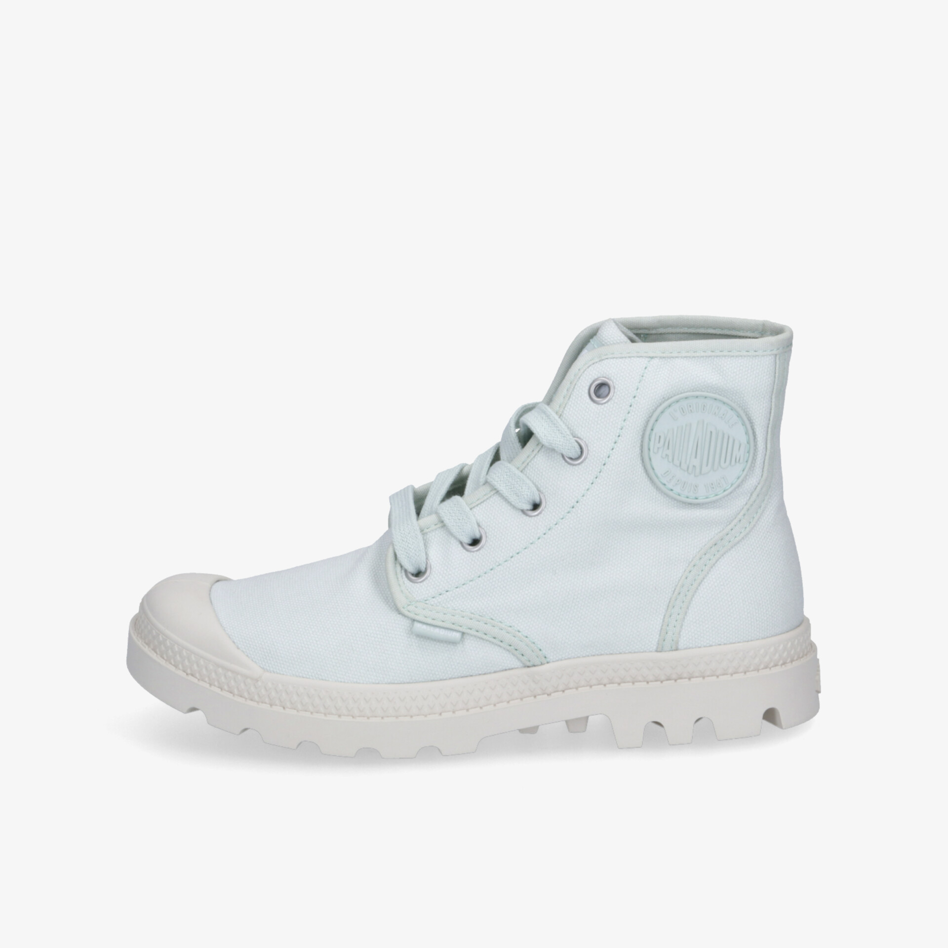 Weißer Hochschnitt-Schuh seitliche Ansicht, sportlich, bequem, leicht, robust und atmungsaktiv für vielseitigen Einsatz