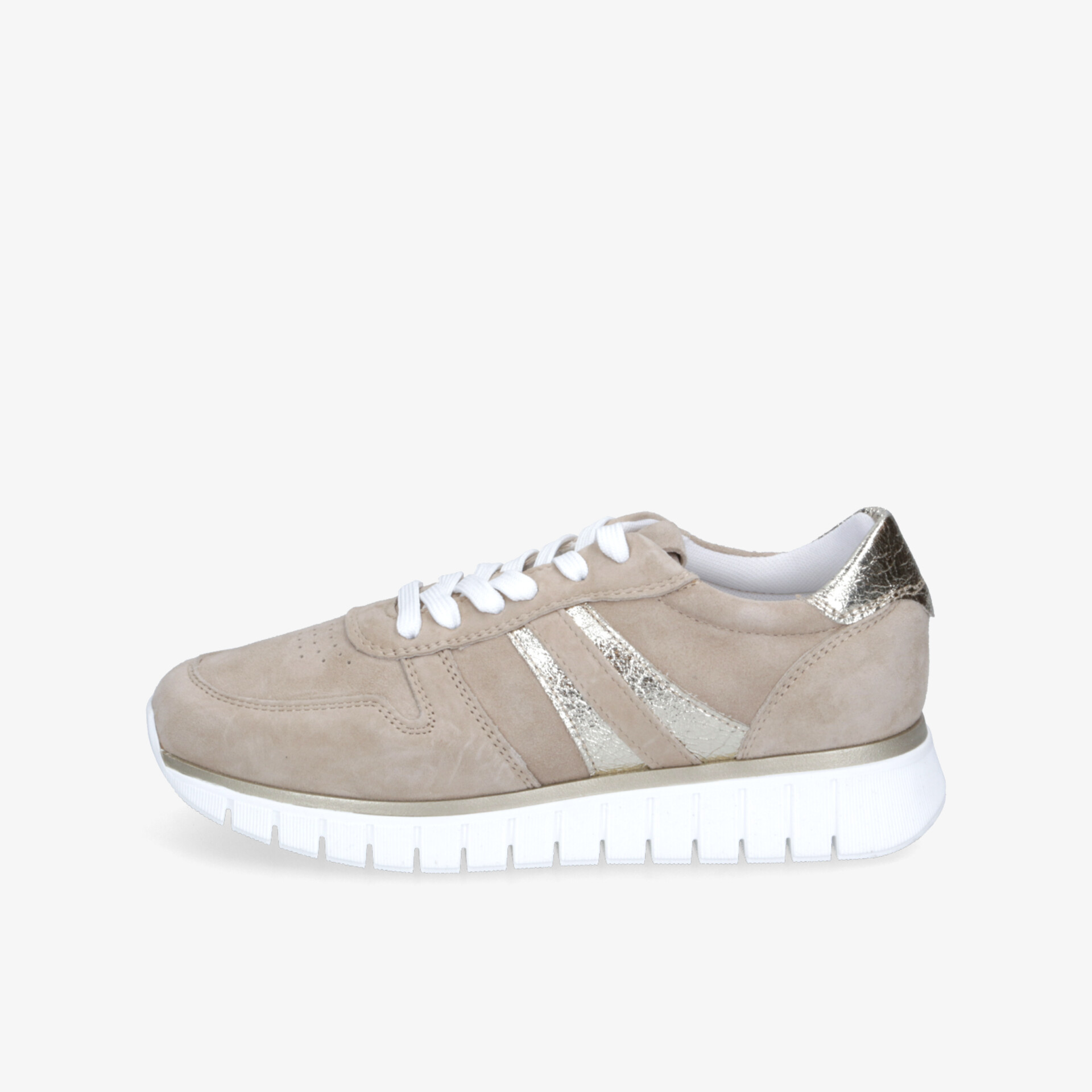 Beiger sportlicher Sneaker mit rutschfester weißer Sohle und gepolstertem Einstieg, seitliche Ansicht