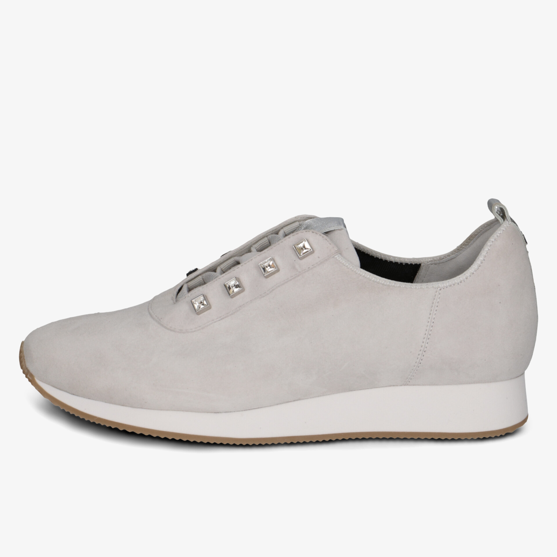 Seitlicher Blick auf leichten Sneaker mit weißer Sohle und dezentem Design