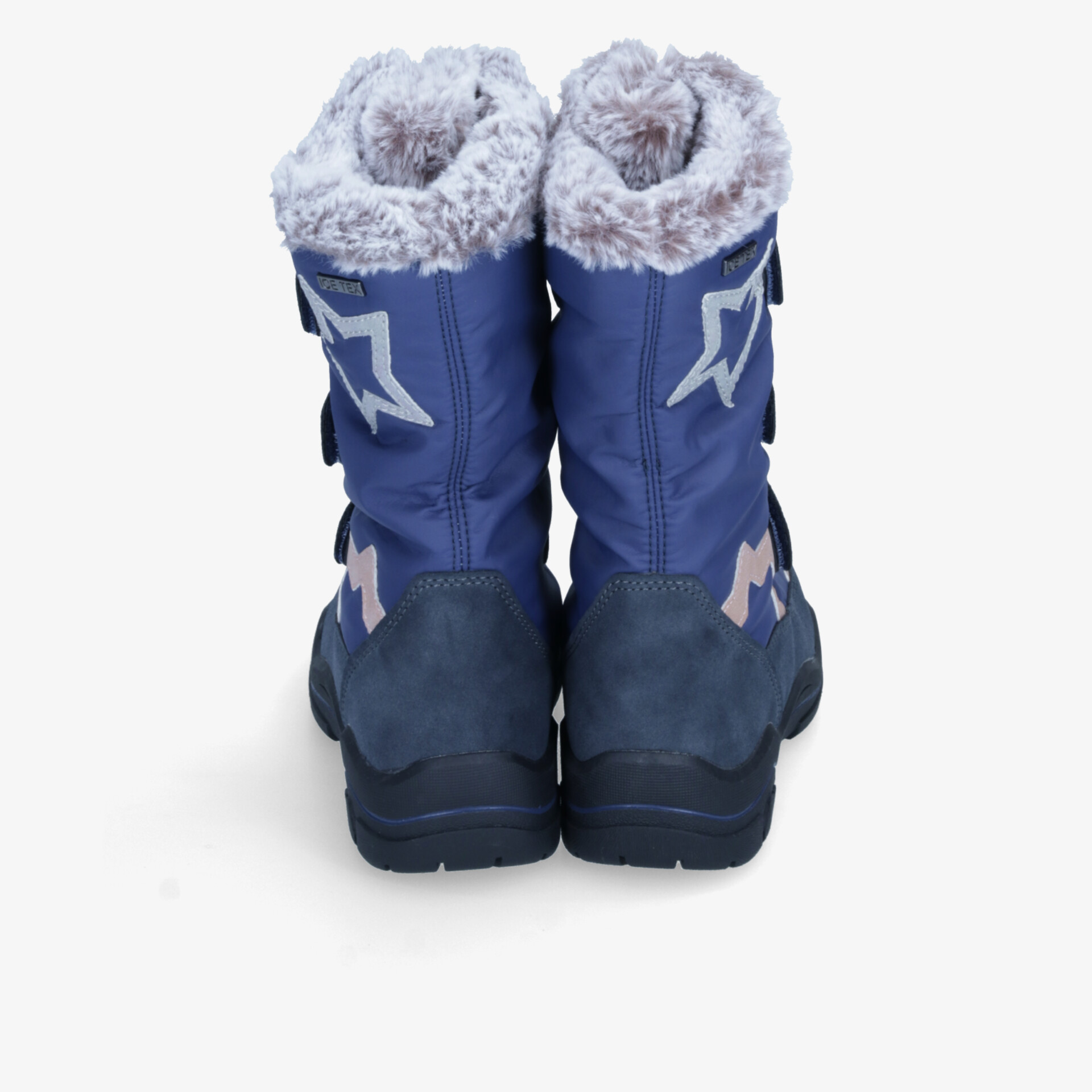 Robuste blaue Winterstiefel mit warmem, flauschigem Innenfutter und rutschfester Sohle, Rückansicht