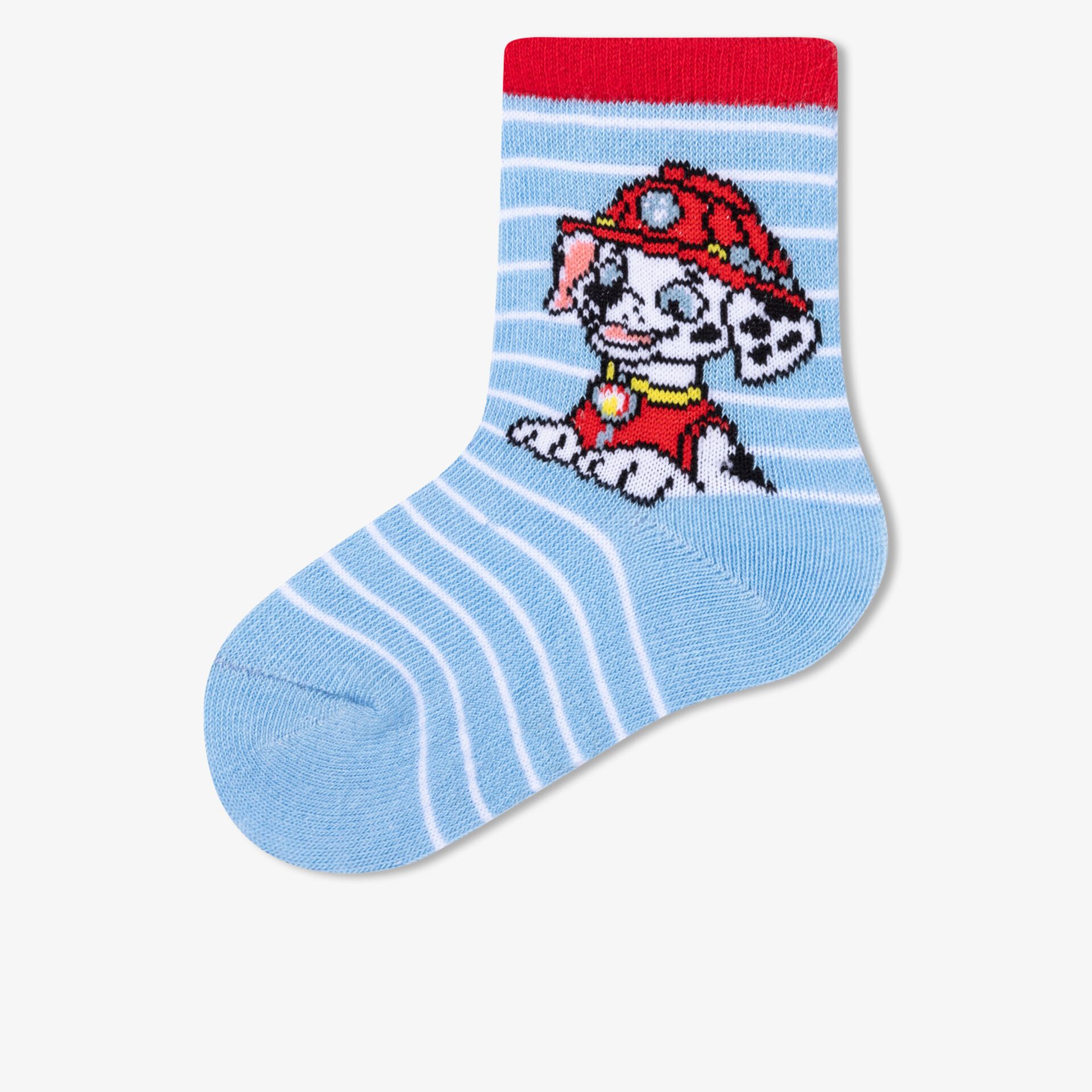 Kleine Kinderstrümpfe mit blau weißen Streifen und freundlich lächelndem Feuerwehrhund-Motiv, weich und bequem