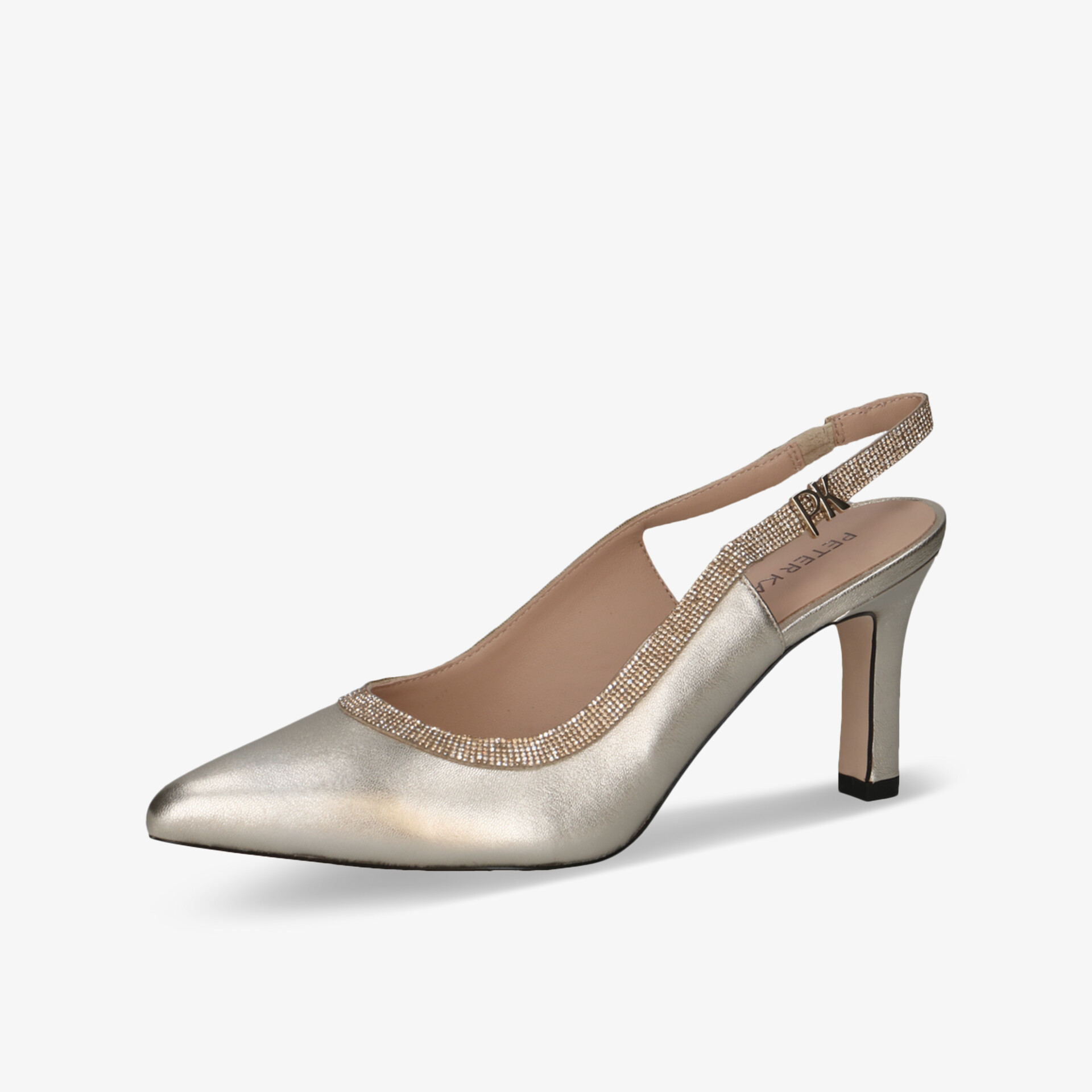 Eleganter Pumps mit spitzer Form und bequemem Absatz, seitliche Ansicht, glatte hochwertige Oberfläche