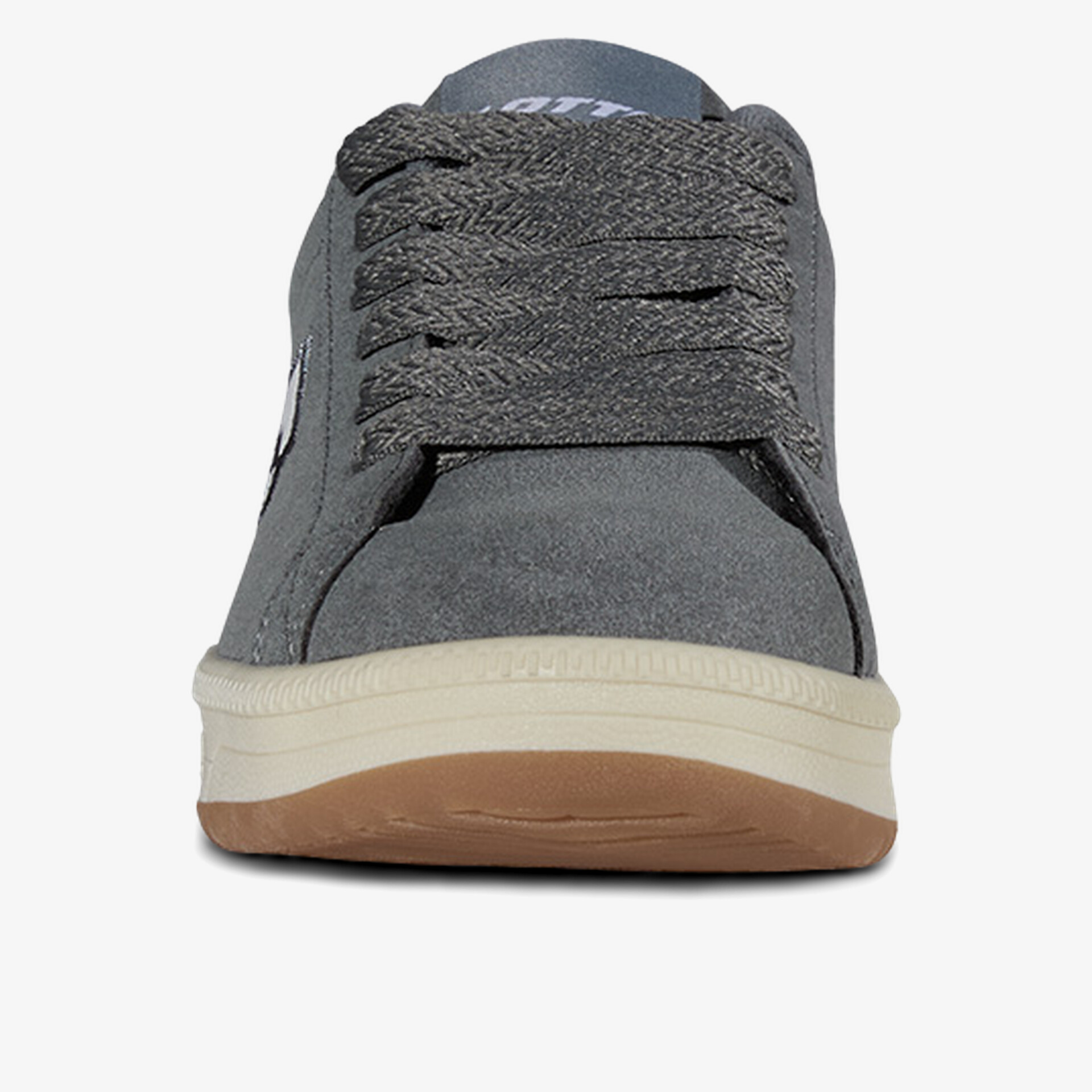 Frontansicht eines grauen Sneakers mit robusten Schnürsenkeln und bequemer weißer Sohle