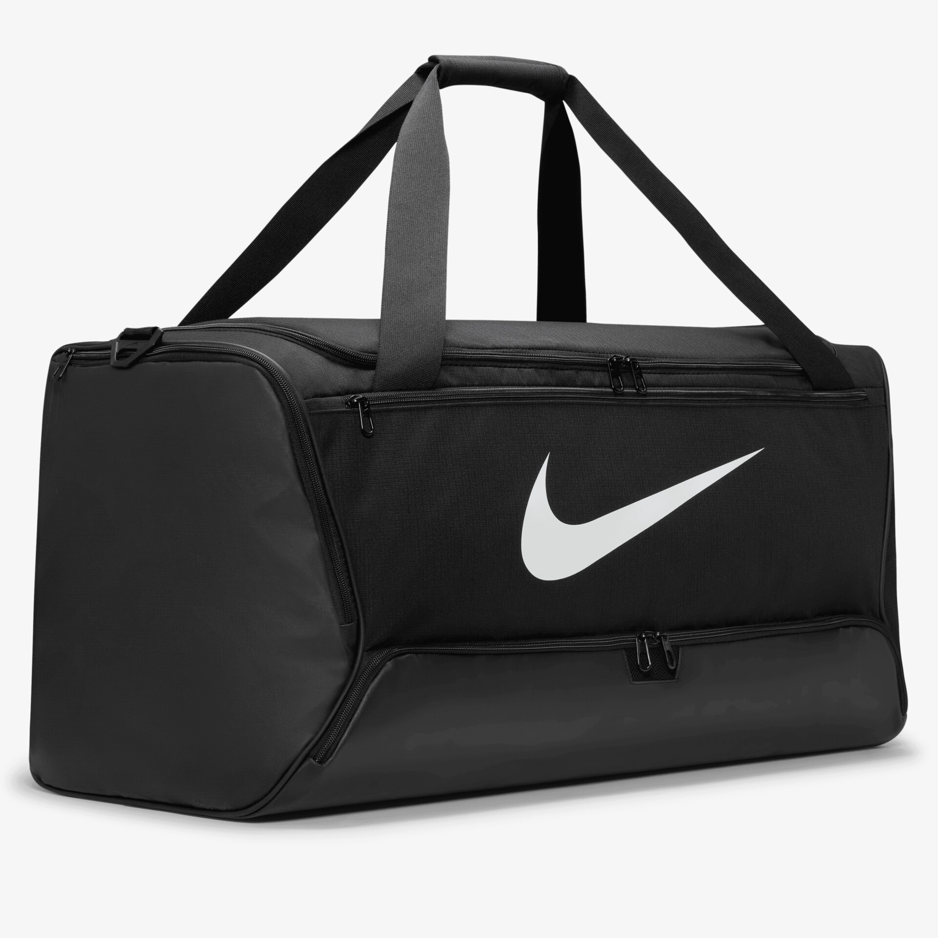Stylische schwarze Nike Sporttasche mit großem Logo, strapazierfähig und geräumig für unterwegs.