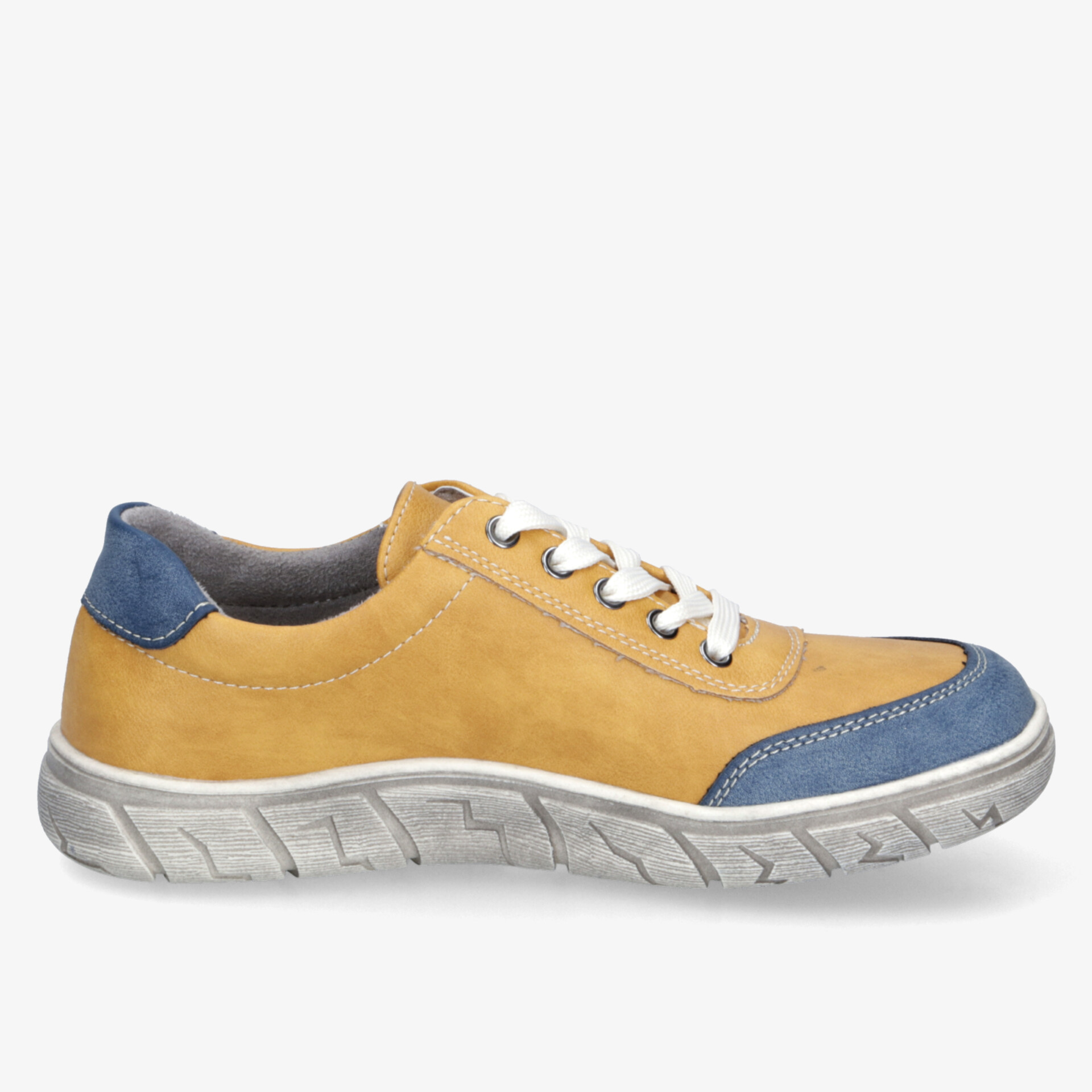 Bequemer gelber Sportschuh mit blauen Akzenten und flexibler weißer Sohle, seitliche Ansicht