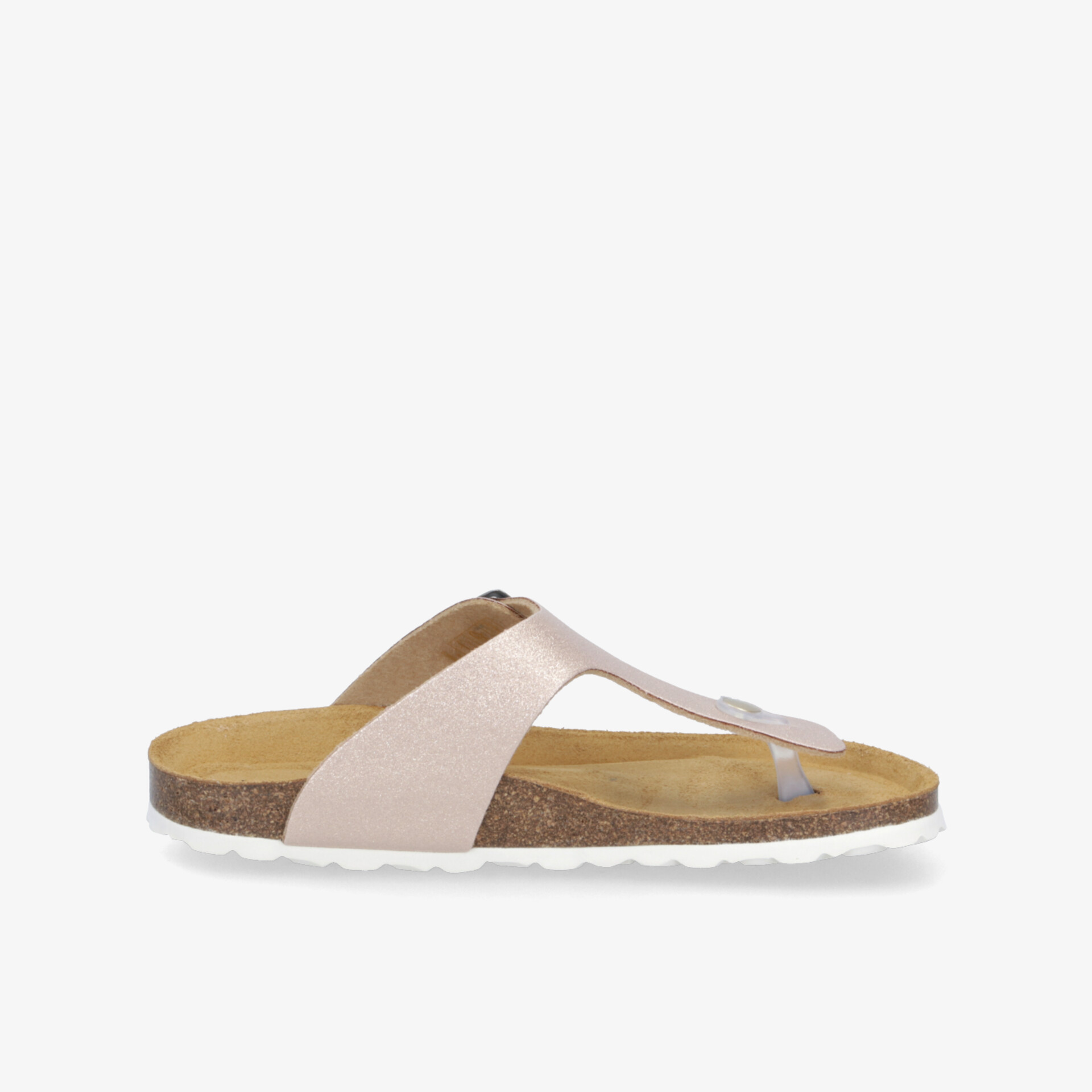 Seitenansicht einer bequemen Sandale mit Korkfußbett und weichem Riemen für optimalen Tragekomfort