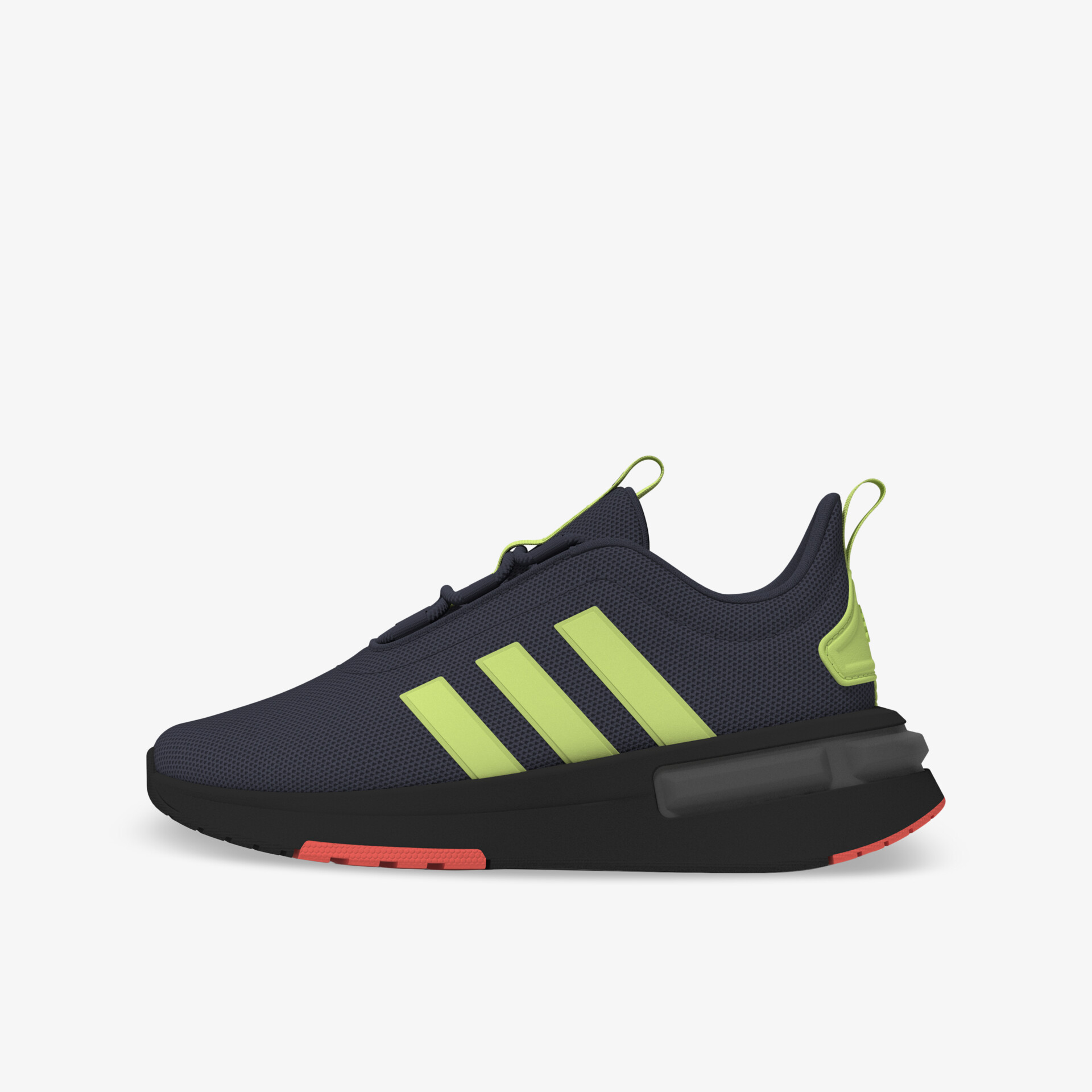 Moderner Sport-Sneaker mit neonfarbenen Akzenten und leistungsstarker Dämpfung in seitlicher Ansicht.