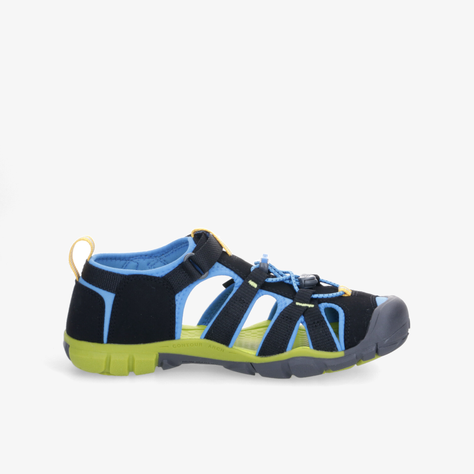 Seitenansicht eines leichten und robusten Sportschuhs mit rutschfester Sohle und elastischen Bändern