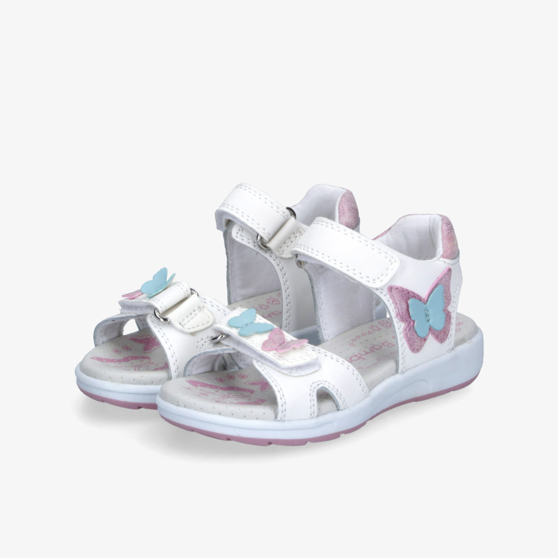 Weiße Sandalen mit verstellbaren Klettverschlüssen und Schmetterlingsmotiv, leicht und bequem für warme Tage
