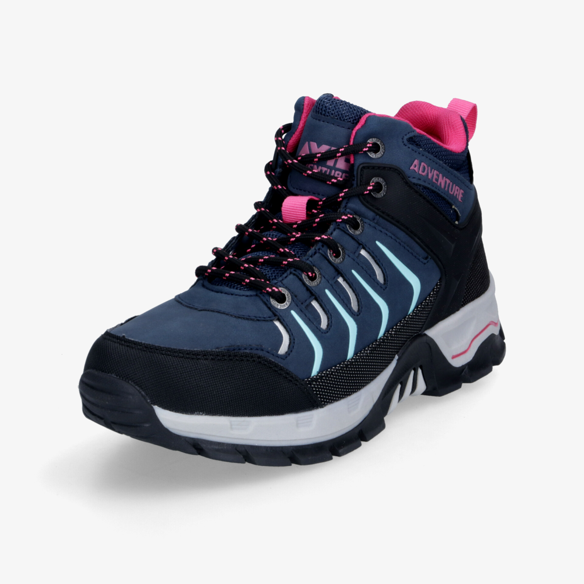 Sportlicher Wanderschuh in Blau mit Pink, rutschfeste Sohle und gepolsterter Einstieg für hohen Tragekomfort