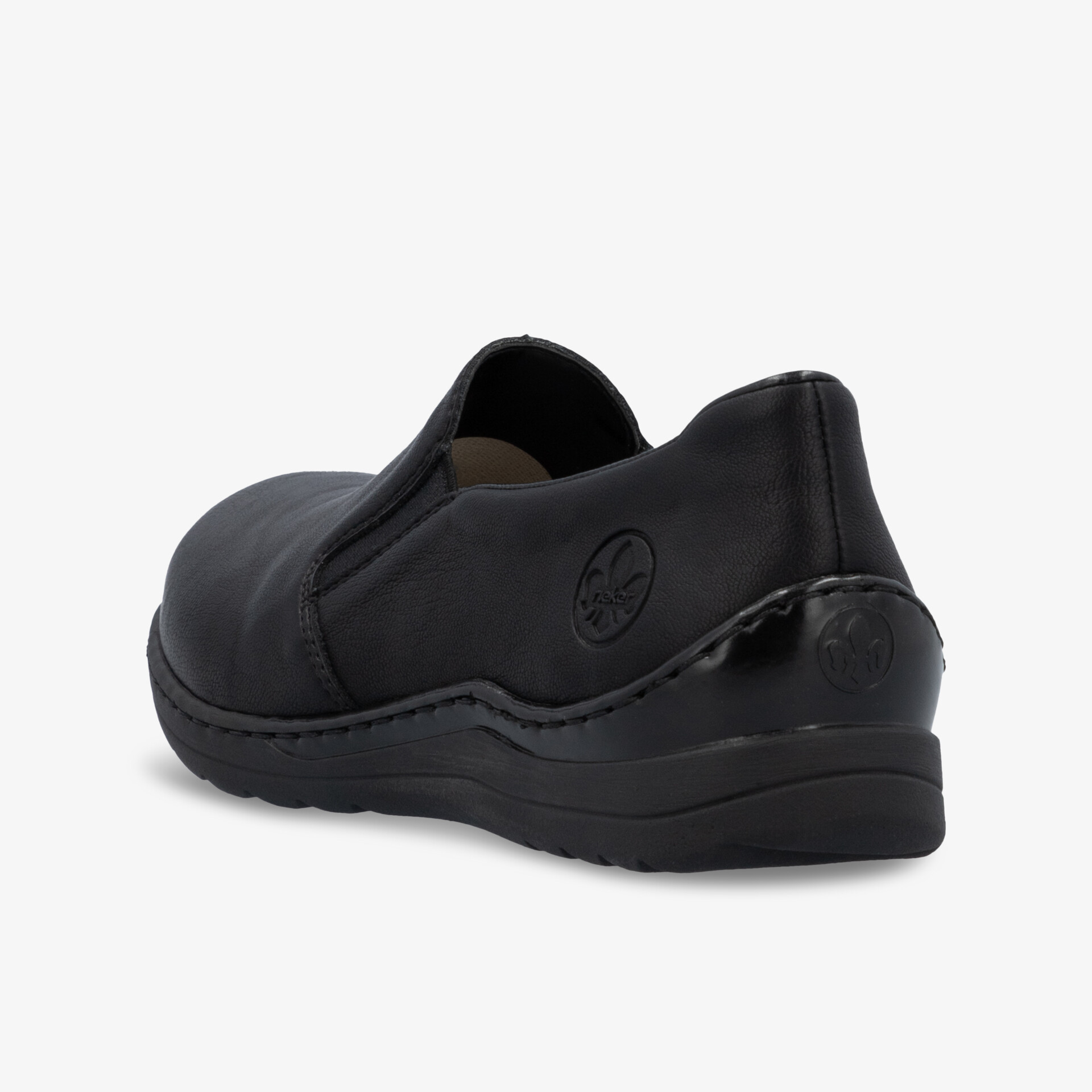 Schwarzer komfortabler Schuh mit ergonomischem Design und rutschfester Sohle, seitliche Ansicht