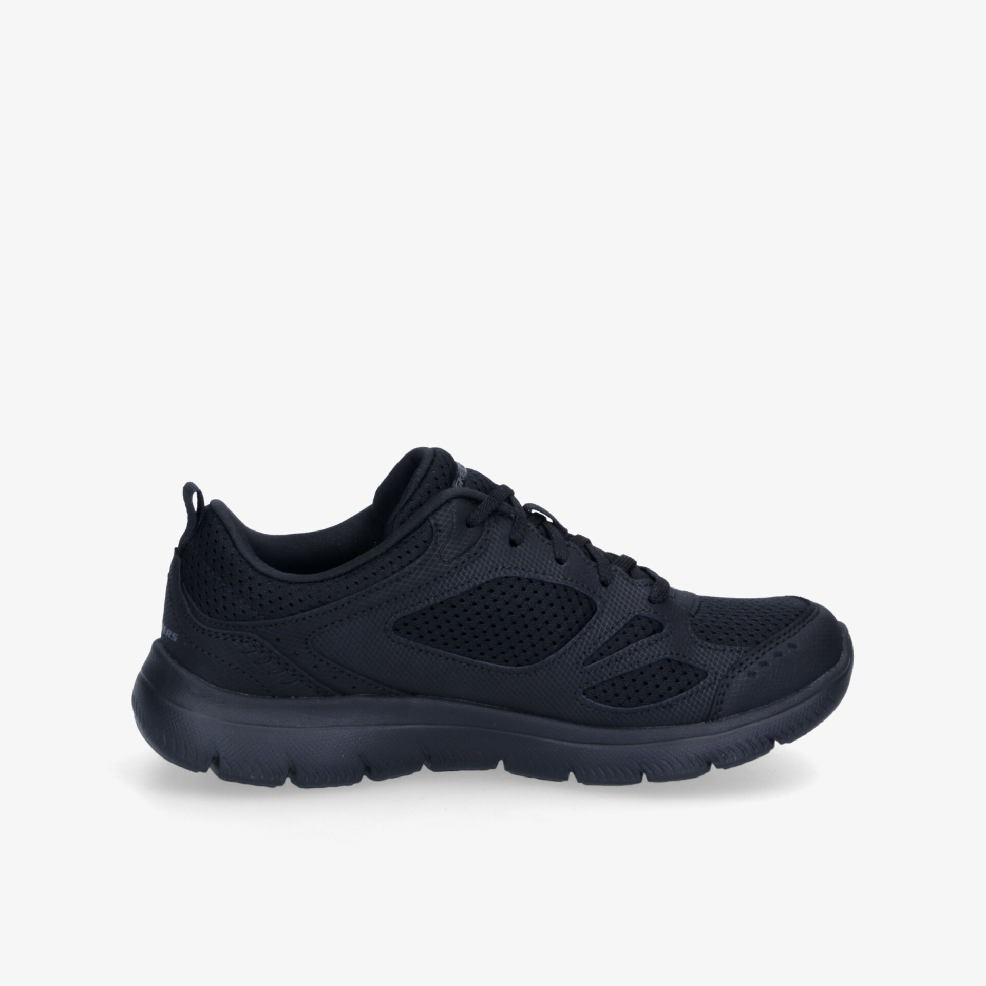 Schwarzer leichter Sportschuh mit atmungsaktivem Mesh und flexibler, stoßdämpfender Sohle seitlich gesehen