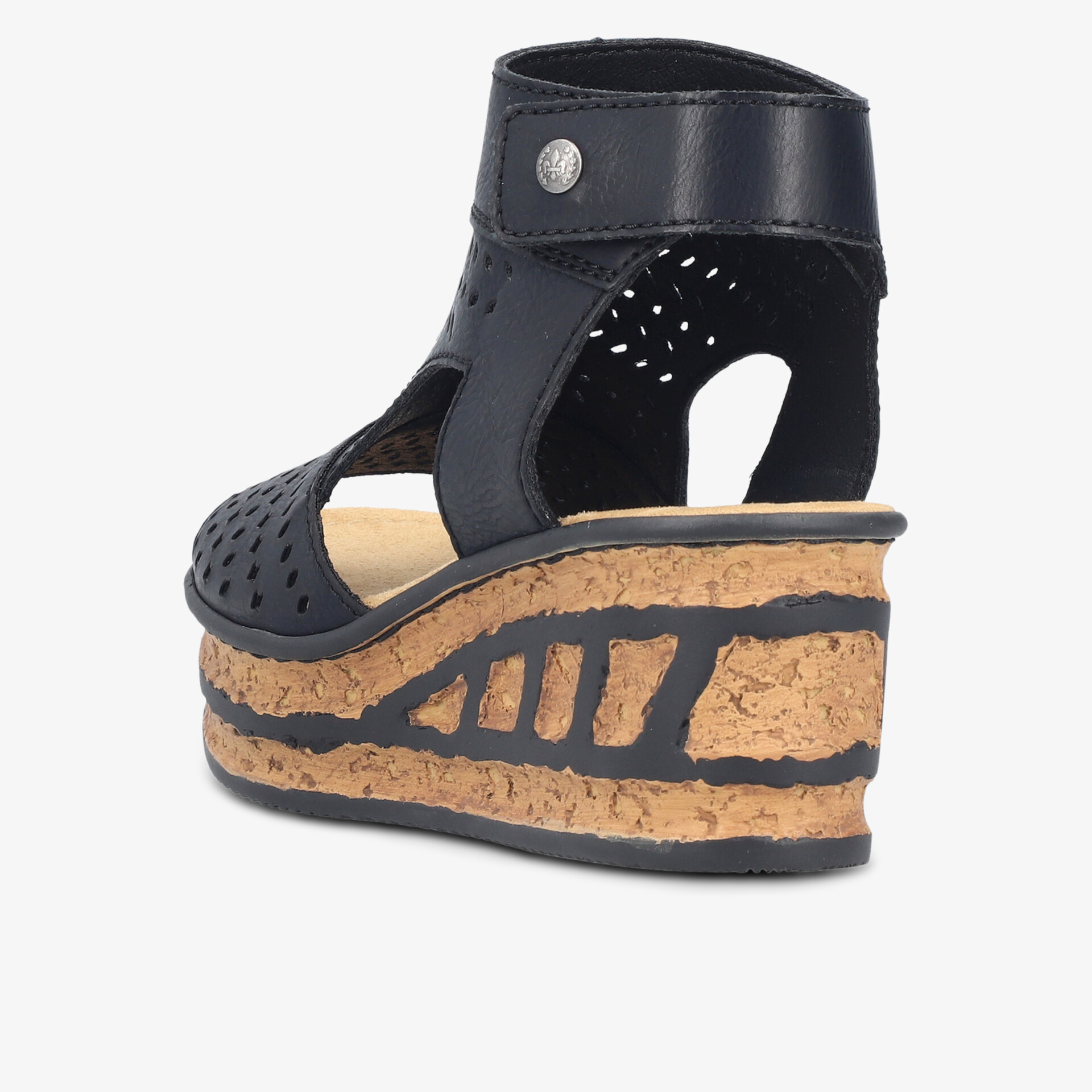 Schwarzer Keilabsatz mit Lochmuster und verstellbarem Knöchelriemen für bequemen Halt