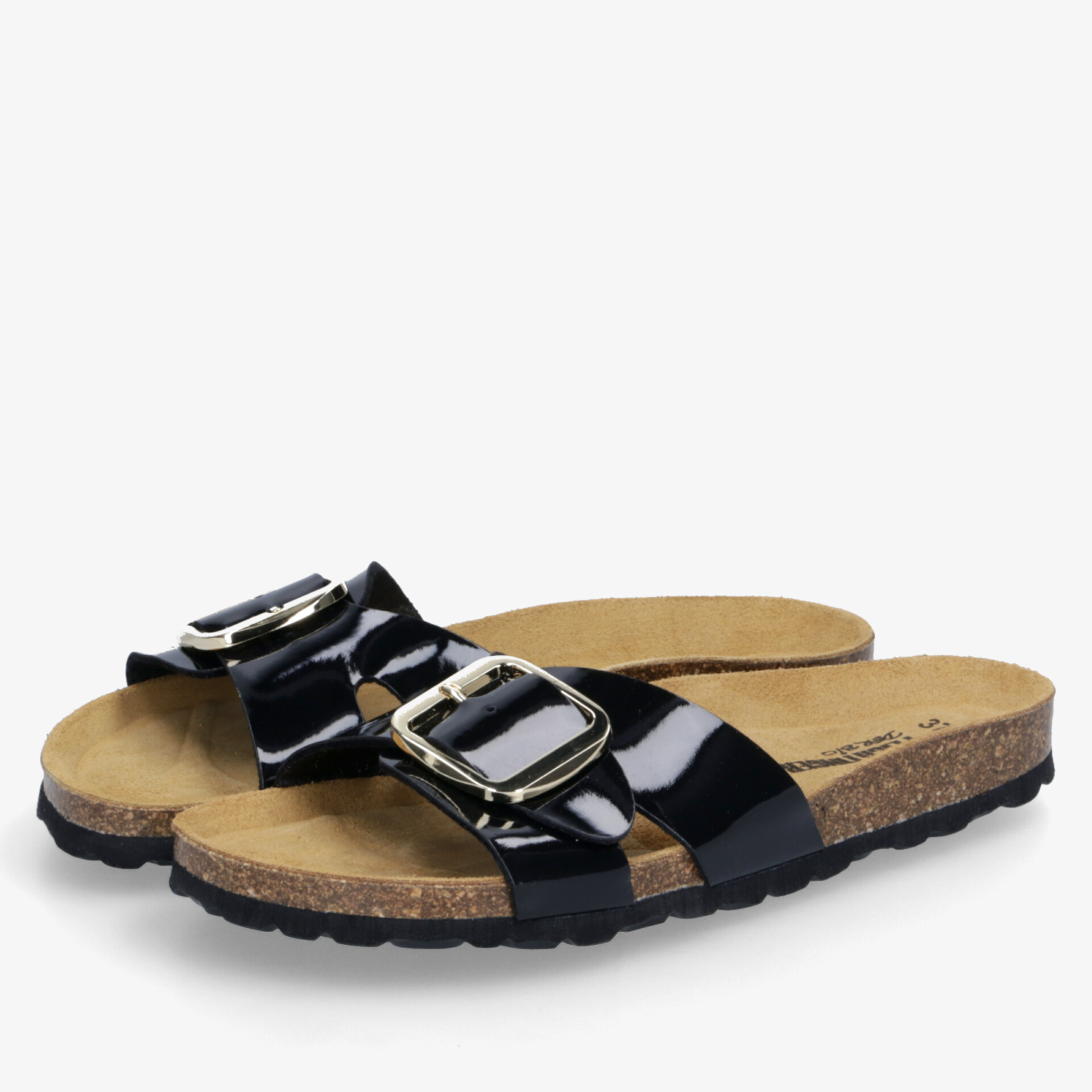 Schwarze Pantoletten mit verstellbarem Riemen und Korksohle für komfortablen und sicheren Halt