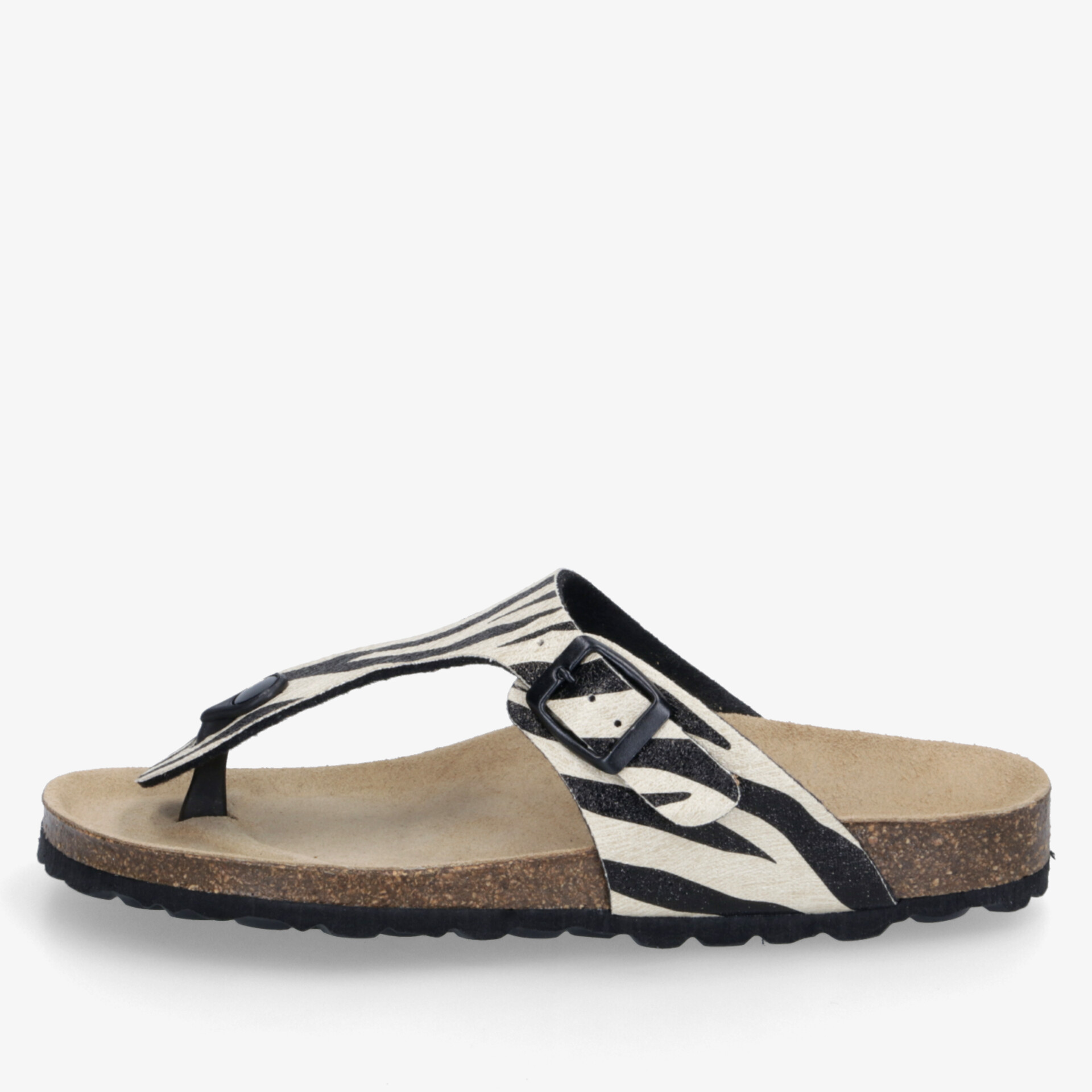 Moderne Zehensteg-Sandale mit bequemem Fußbett, verstellbarem Riemen und auffälligem Zebra-Muster